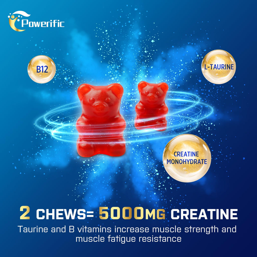 Creatine Monohydrate Gummies with Taurine, Vitamin B6 & B12 – Pre-Workout, Vegan, 60 Count