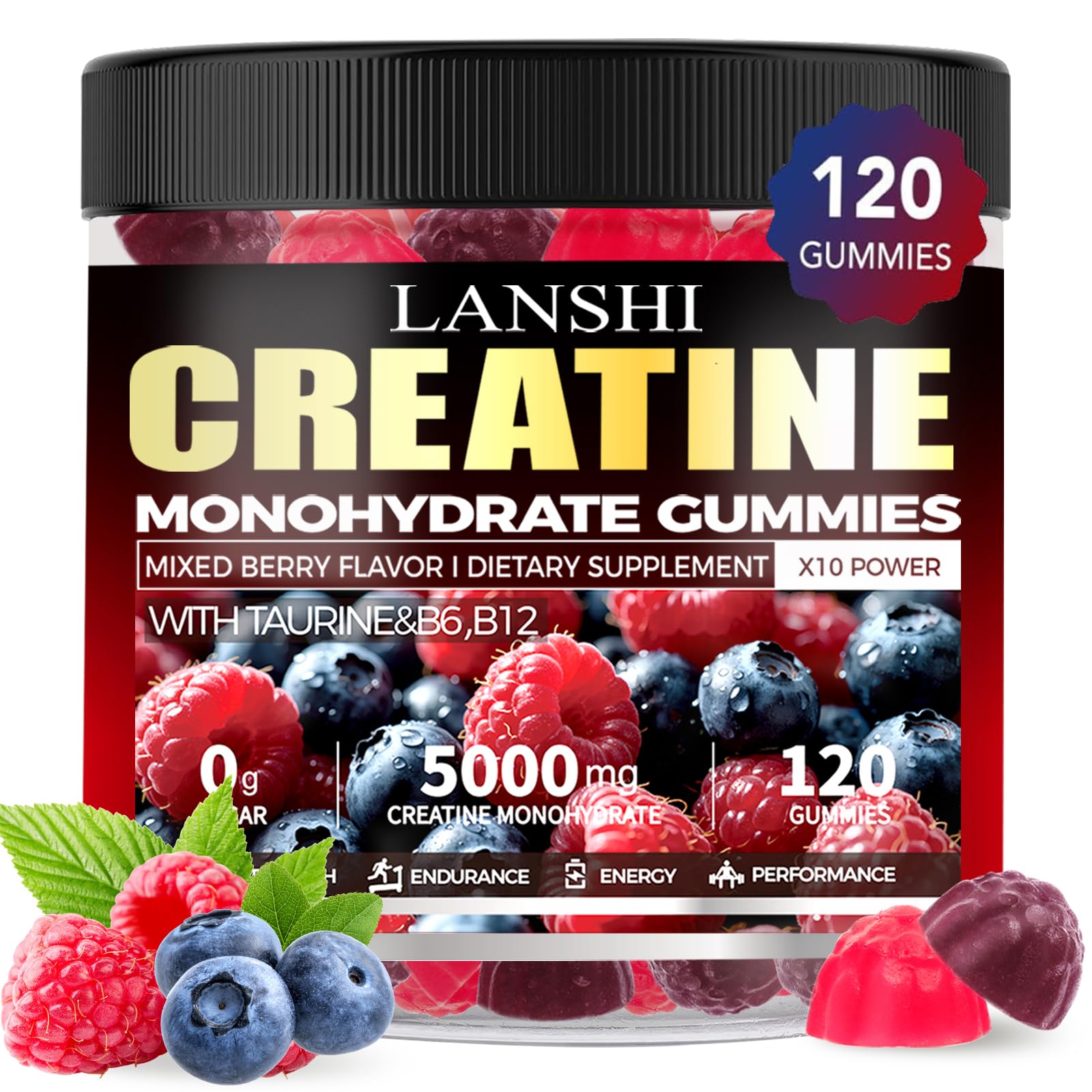 Creatine Monohydrate Gummies 5000mg – Sugar Free Pre-Workout (120 ct) Mixed Berry