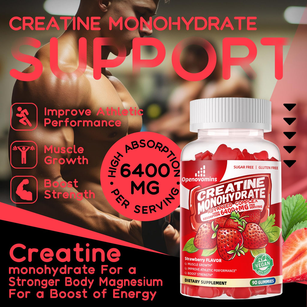 Creatine Monohydrate Gummies Complex – Advanced Formula with L-Taurine & Vitamin B12 | 90 Strawberry Gummies