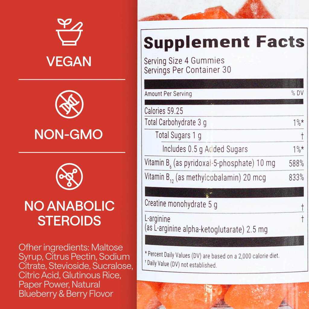 Creatine Monohydrate Gummies 5g – 5X Energy with B12, B6 & L-Arginine | Build Muscle & Strength – 120 Count