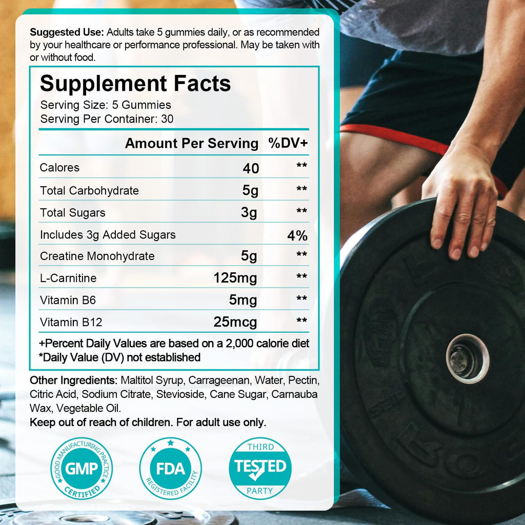 Creatine Monohydrate Gummies 5g – 150 Gummies (30 Servings) | Vegan, L-Carnitine, B6 & B12, Pre-Workout