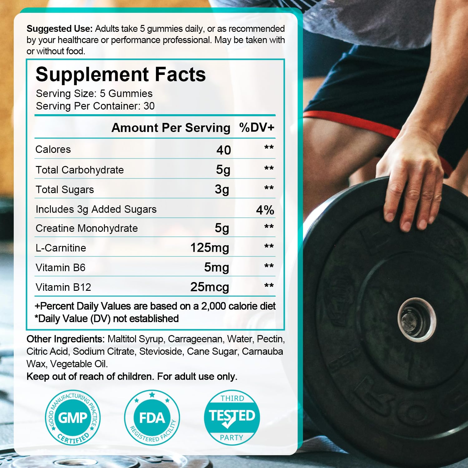 Creatine Monohydrate Gummies 5g – 150 Gummies (30 Servings) | Vegan, L-Carnitine, B6 & B12, Pre-Workout