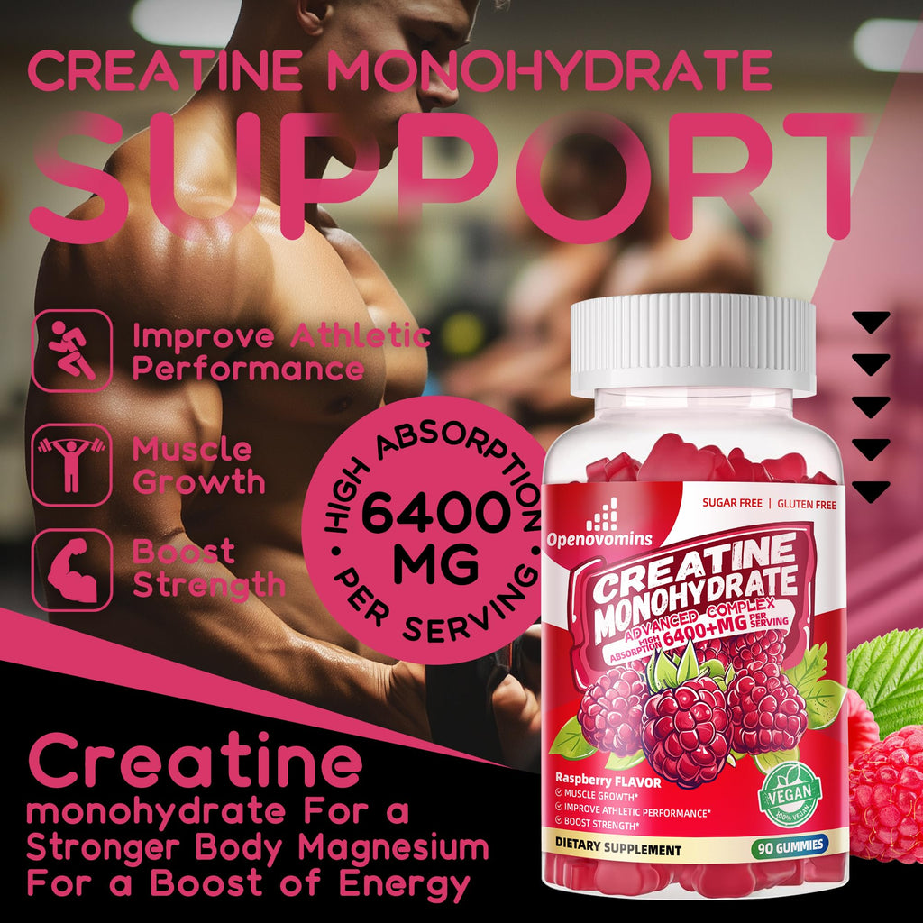 Creatine Monohydrate Gummies 6400mg – Sugar Free (90 Raspberry Gummies)