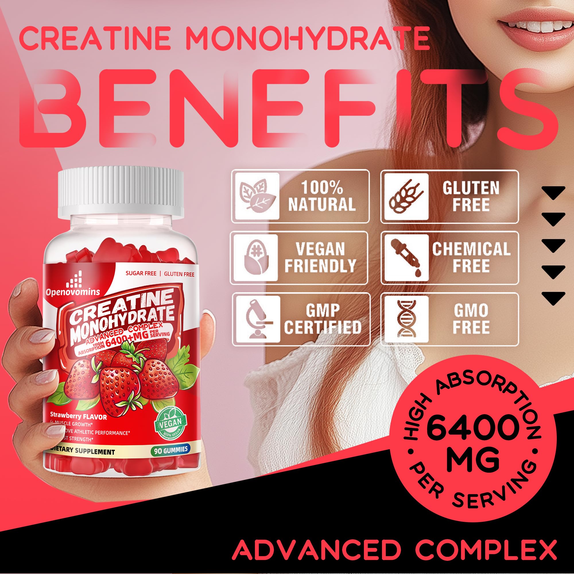 Creatine Monohydrate Gummies Complex – Advanced Formula with L-Taurine & Vitamin B12 | 90 Strawberry Gummies