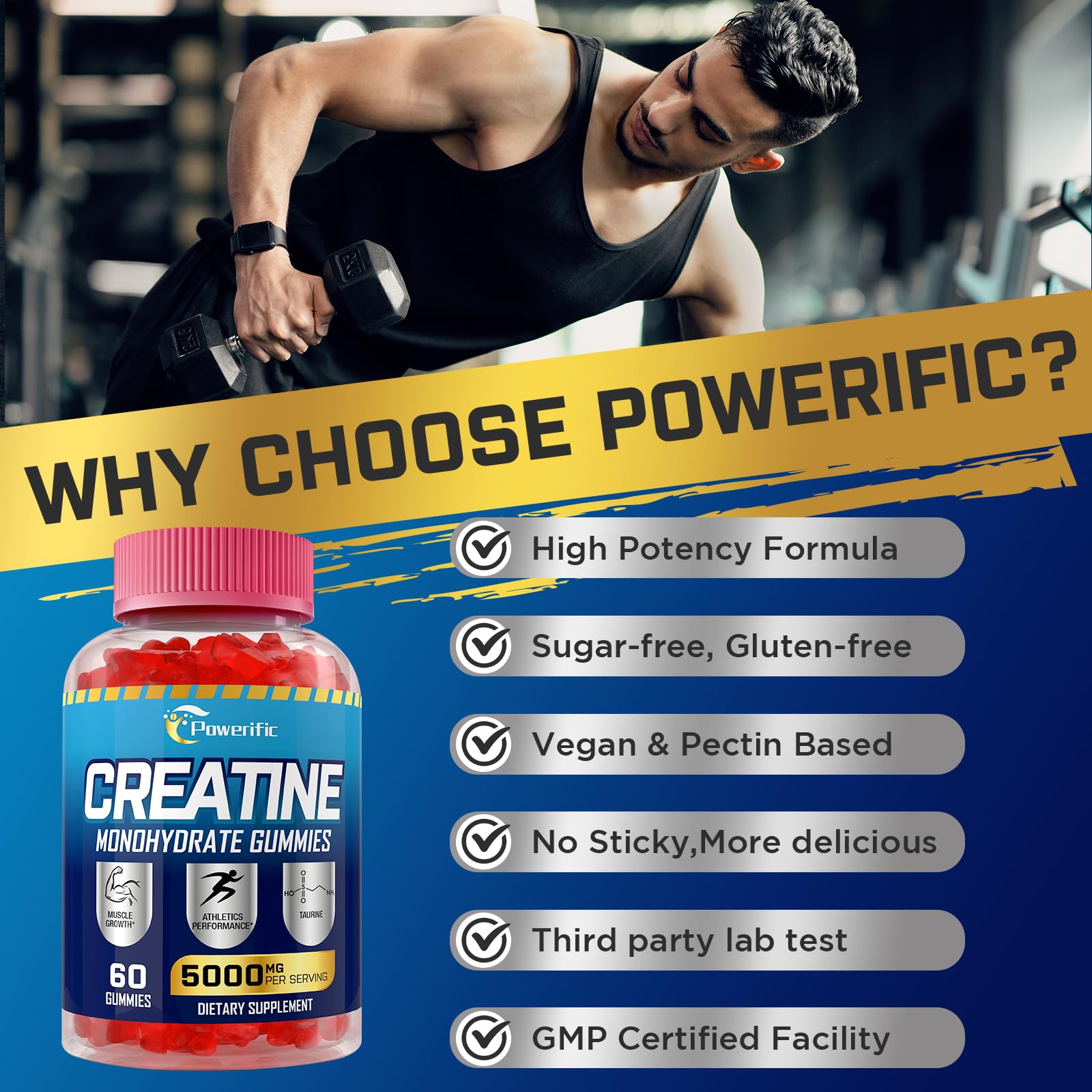Creatine Monohydrate Gummies with Taurine, Vitamin B6 & B12 – Pre-Workout, Vegan, 60 Count