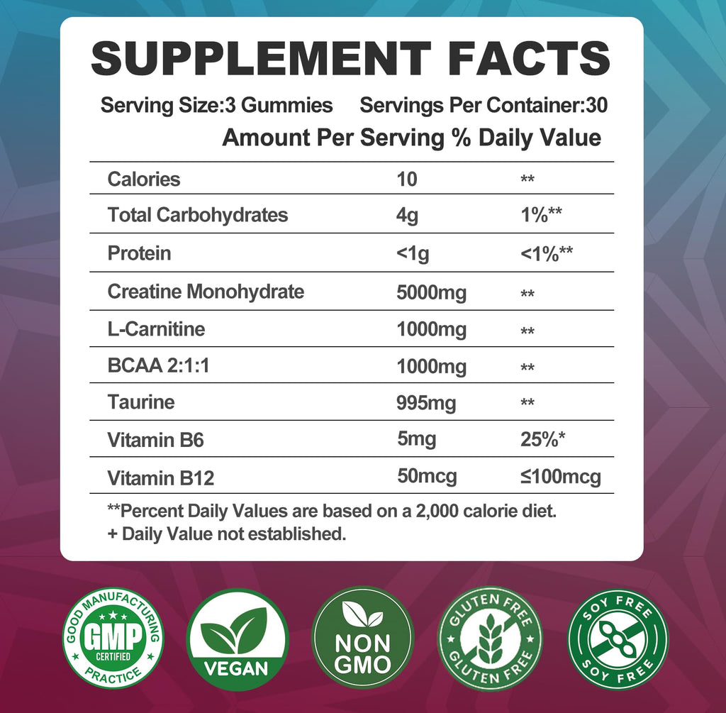 Creatine Monohydrate Gummies 8000mg with BCAA, L-Carnitine, Taurine & Vitamin B12 – Pre-Workout Supplement for Muscle Growth, 180 Count (Men & Women)