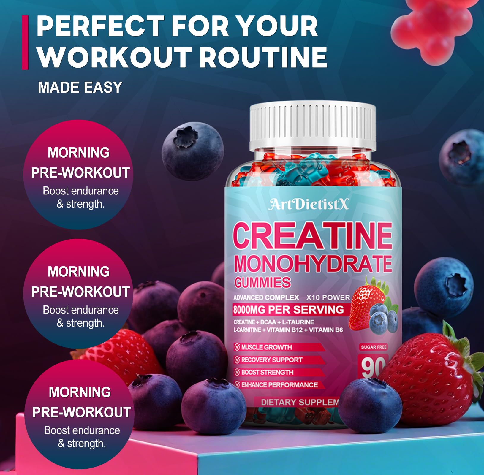 Creatine Monohydrate Gummies 8000mg with BCAA, L-Carnitine, Taurine & Vitamin B12 – Pre-Workout Supplement for Muscle Growth, 180 Count (Men & Women)