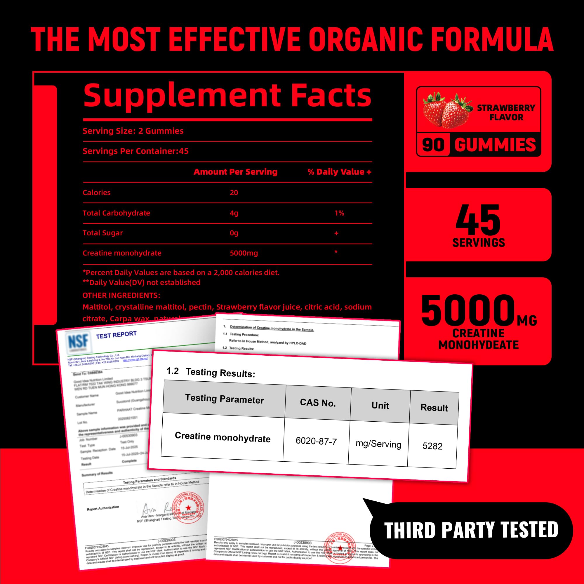 Creatine Monohydrate Gummies 5g for Men & Women - Boost Focus,Strength, and Endurance, Anti-Melting Formula, Vegan, Gluten-Free, Non-GMO, 2.5 Gram Creatine per Gummy (Strawberry 90 ct)