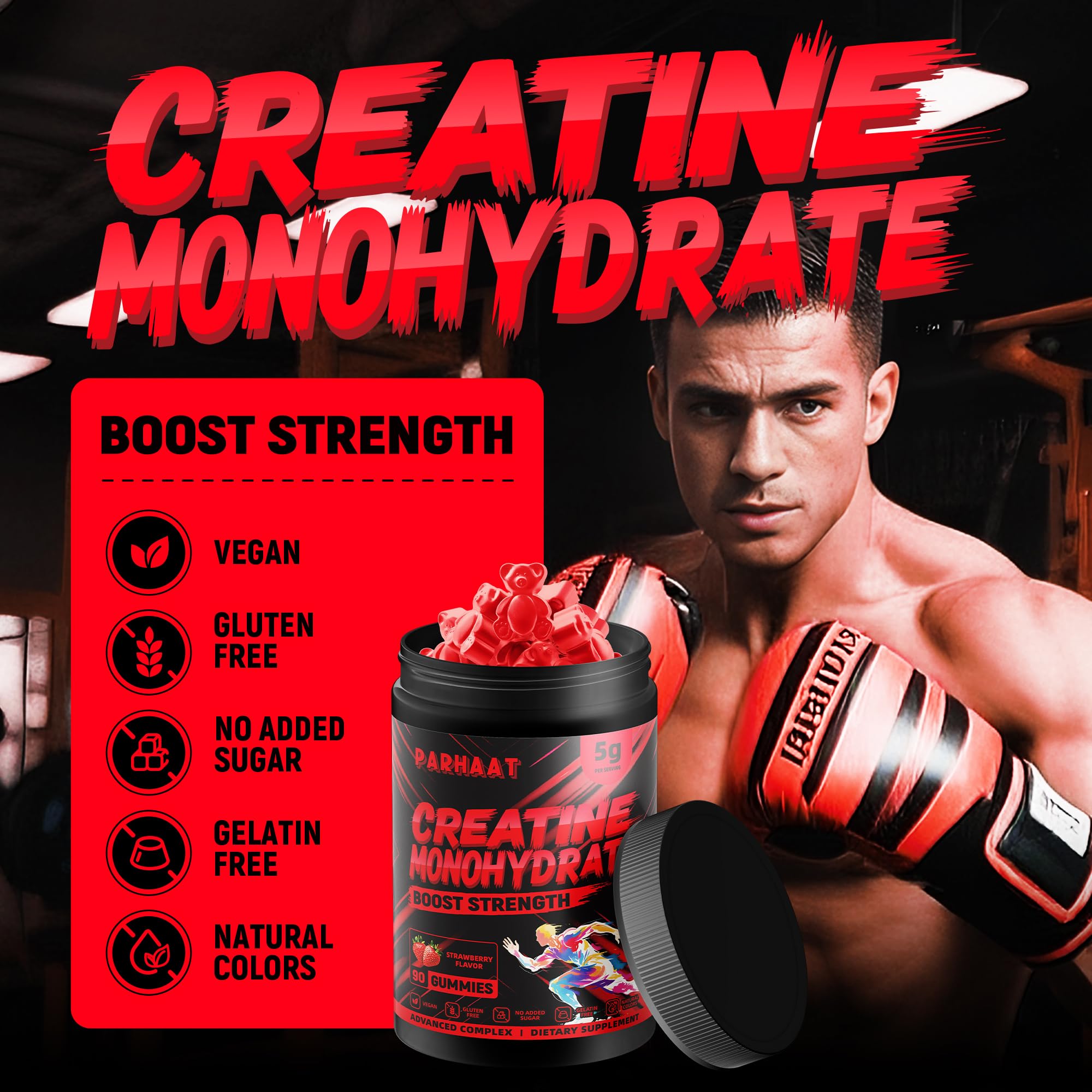 Creatine Monohydrate Gummies 5g for Men & Women - Boost Focus,Strength, and Endurance, Anti-Melting Formula, Vegan, Gluten-Free, Non-GMO, 2.5 Gram Creatine per Gummy (Strawberry 90 ct)