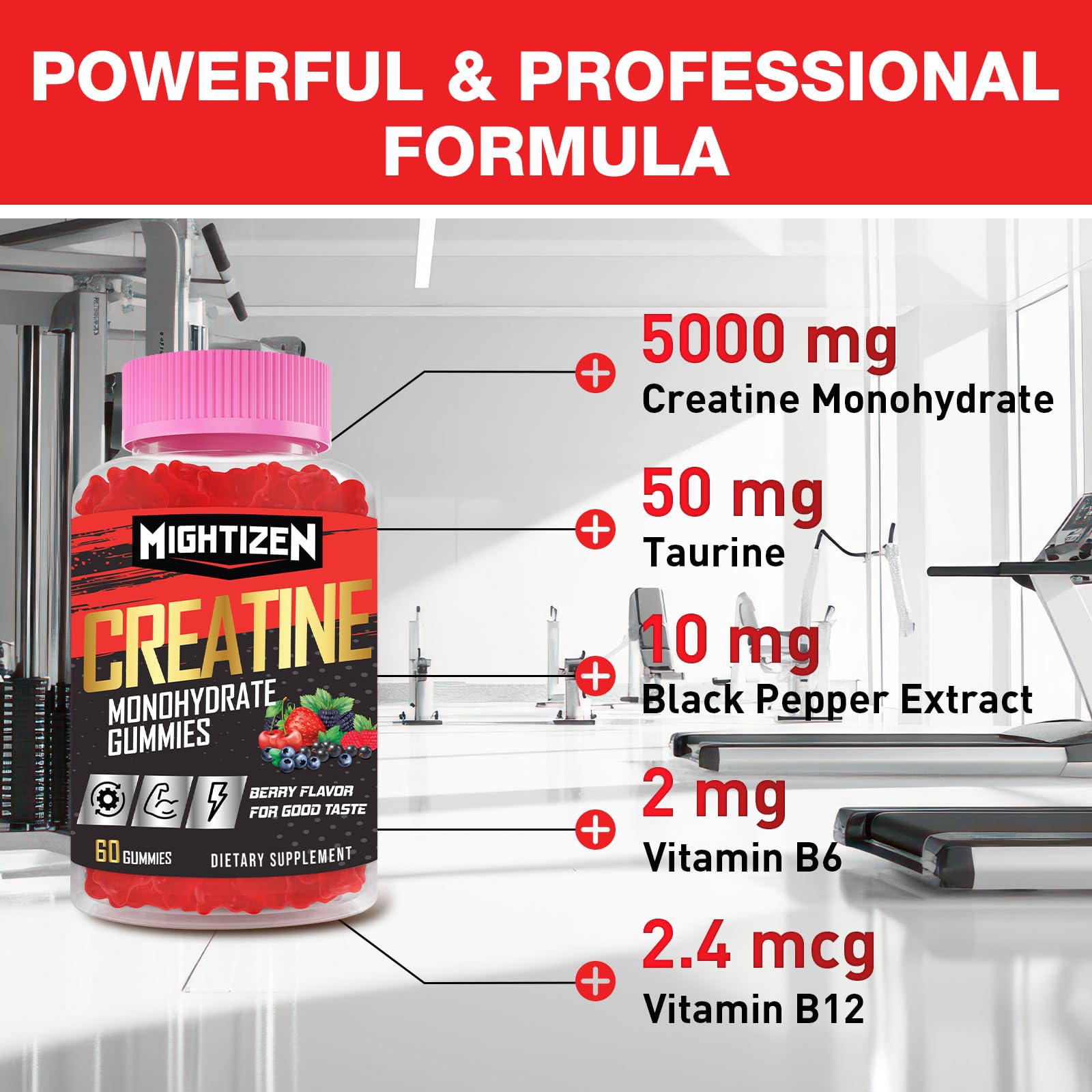 Creatine Monohydrate Gummies – Berry Pre-Workout for Men & Women, Taurine & B12, 60 Count