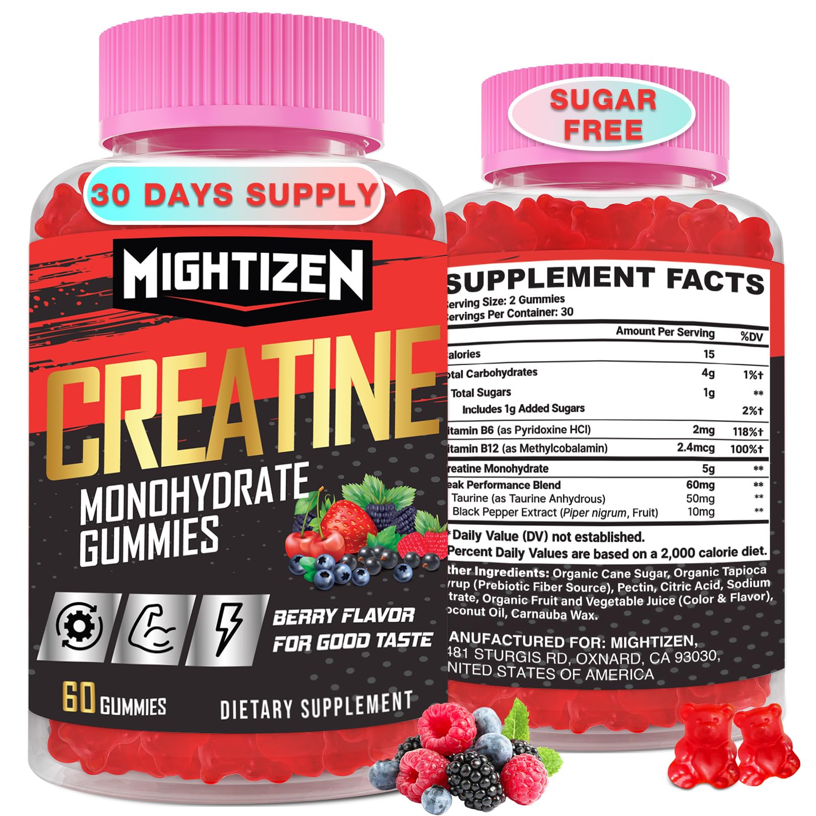 Creatine Monohydrate Gummies – Berry Pre-Workout for Men & Women, Taurine & B12, 60 Count