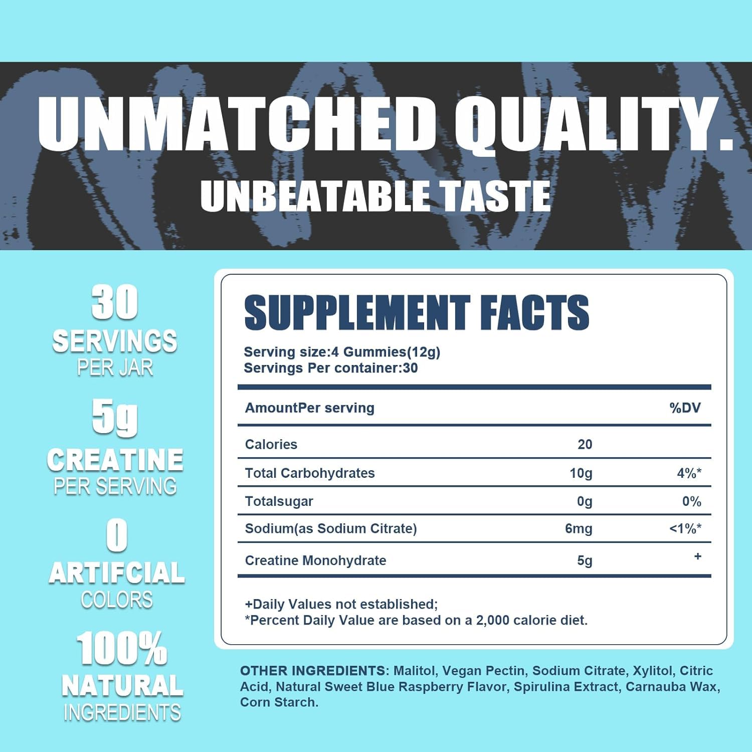 Creatine Monohydrate Gummies 5g - Vegan, Halal, Sugar-Free | Blue Raspberry