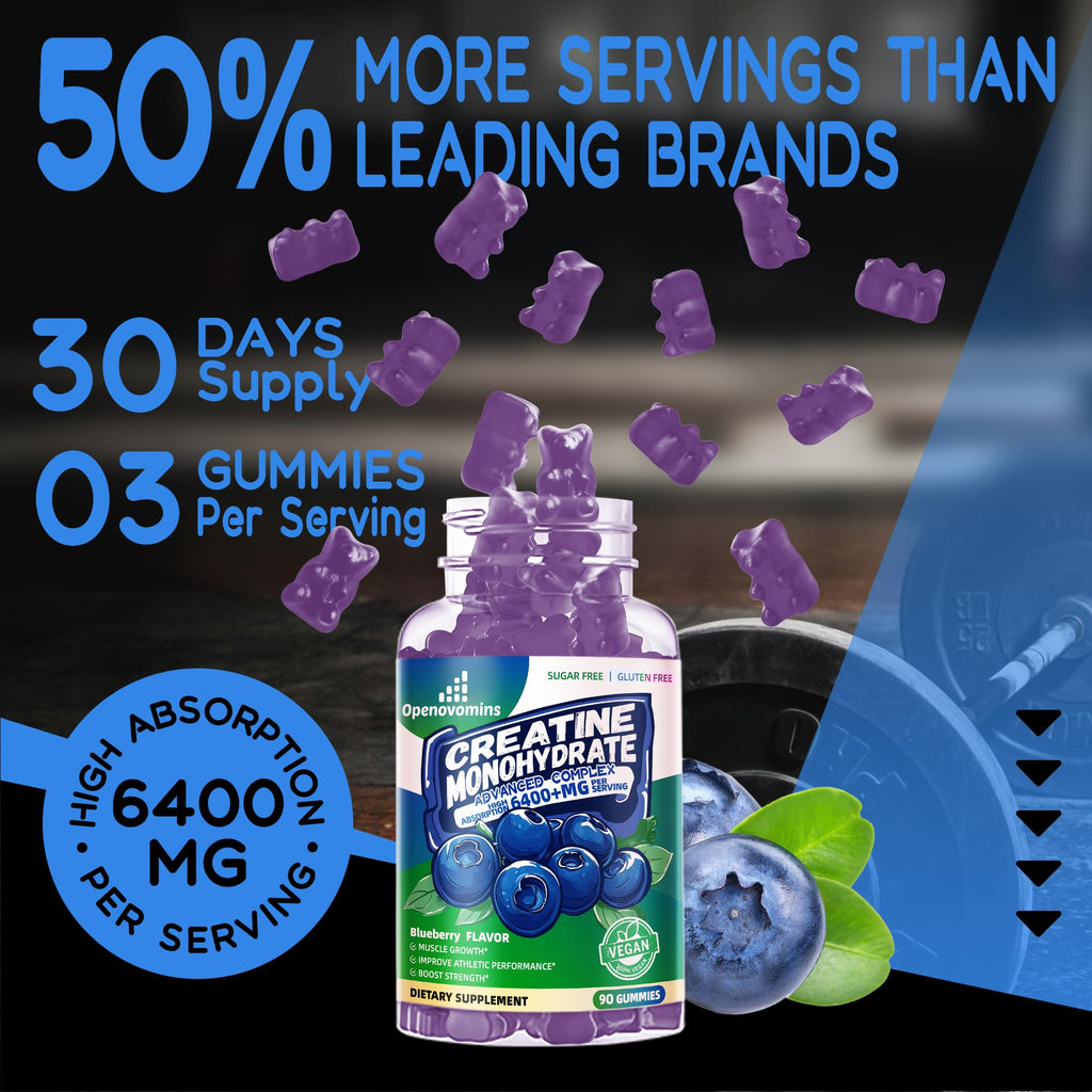 Creatine Monohydrate Gummies Complex – Sugar Free, Vegan, 180 Blueberry Gummies 2-Pack with Taurine & Vitamin B12
