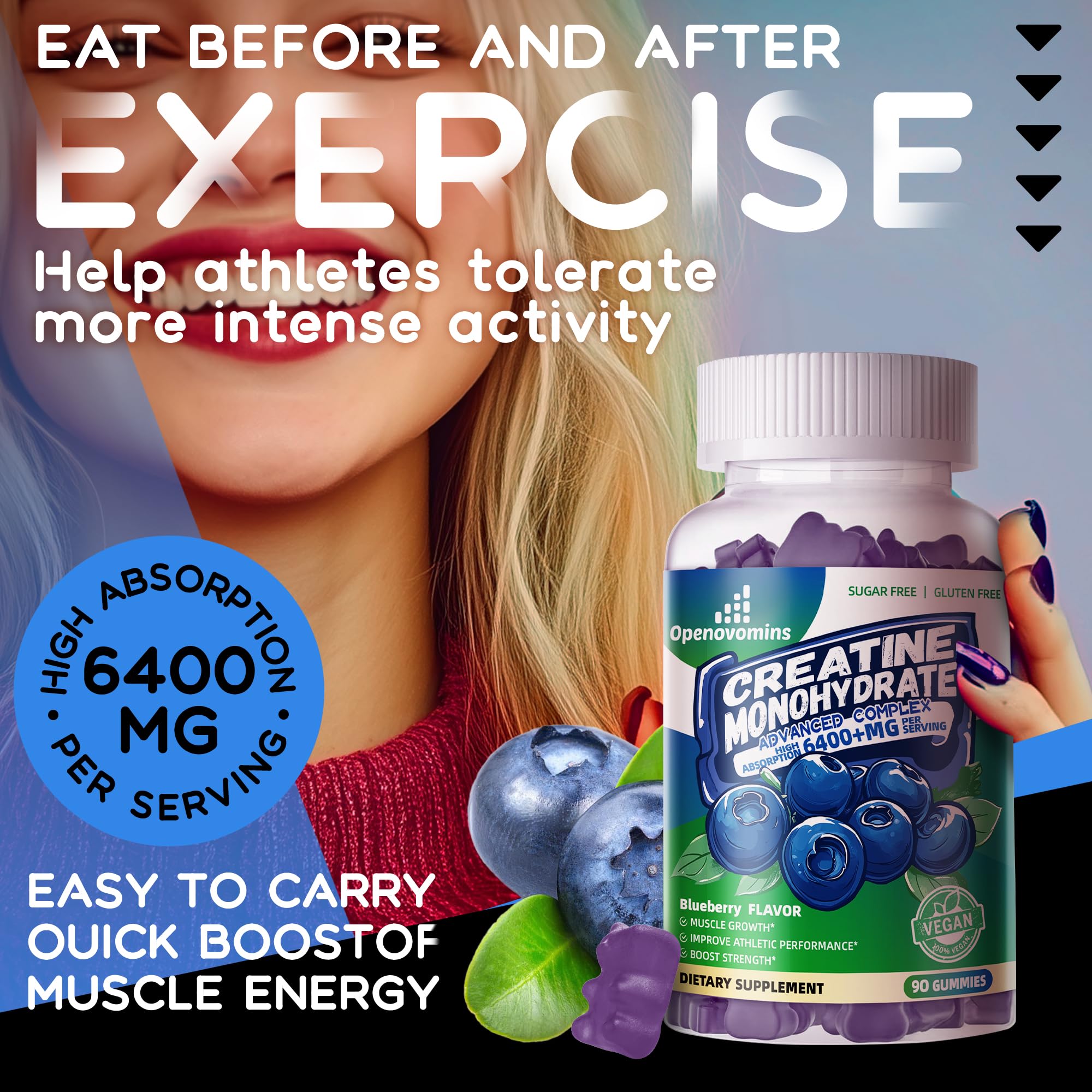 Creatine Monohydrate Gummies Complex – Sugar Free, Vegan, 180 Blueberry Gummies 2-Pack with Taurine & Vitamin B12