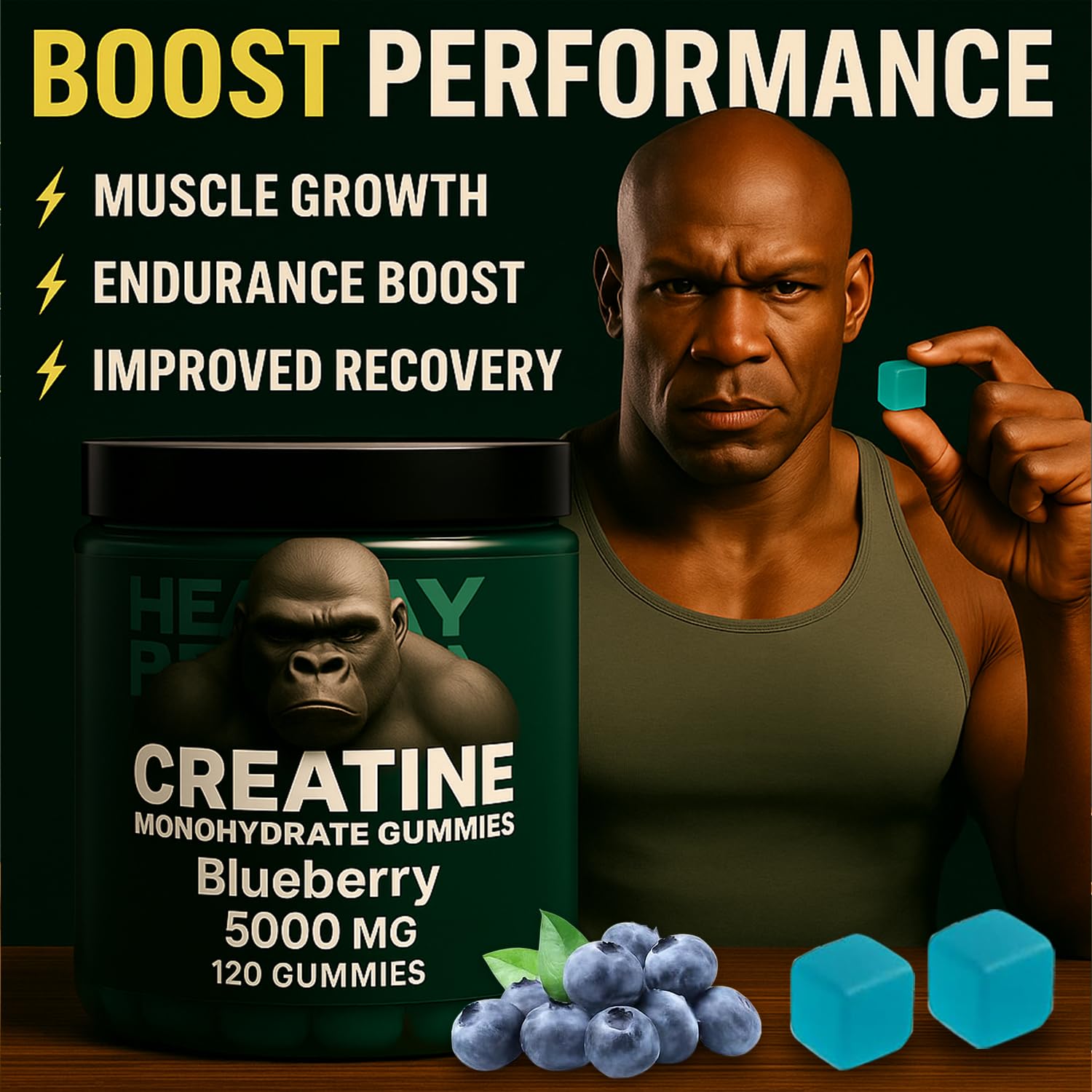 Creatine Monohydrate Gummies 5000mg – Blueberry, 120 Count (30 Servings) | Pre-Workout