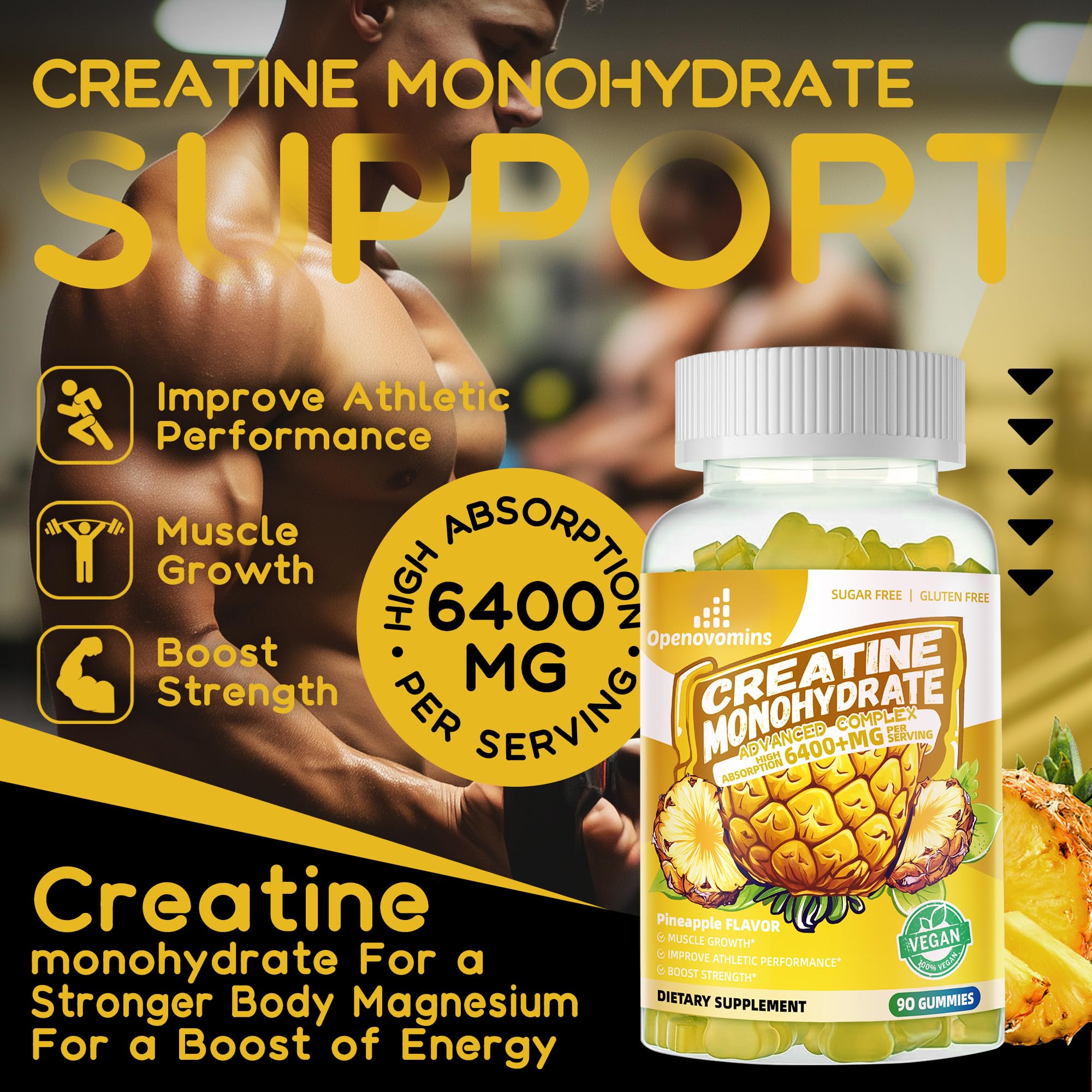 Creatine Monohydrate Gummies Complex – 6400mg per Serving, L-Taurine & Vitamin B12, Sugar Free Pineapple 90 Gummies