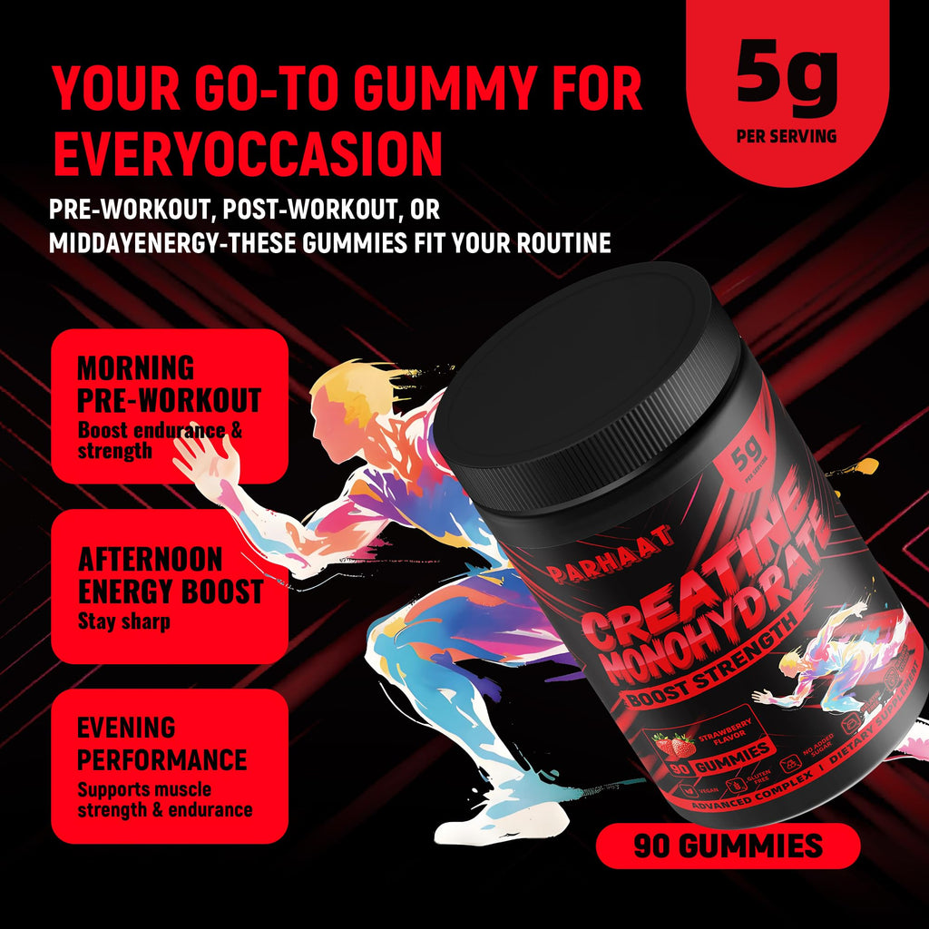 Creatine Monohydrate Gummies 5g for Men & Women - Boost Focus,Strength, and Endurance, Anti-Melting Formula, Vegan, Gluten-Free, Non-GMO, 2.5 Gram Creatine per Gummy (Strawberry 90 ct)