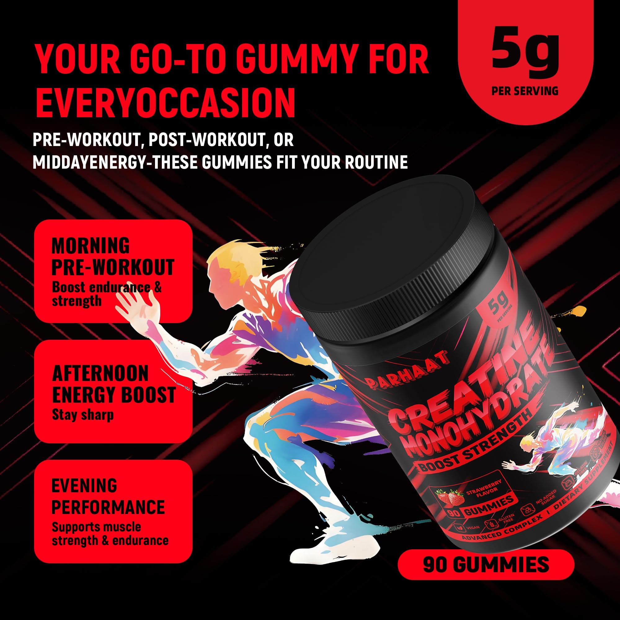 Creatine Monohydrate Gummies 5g for Men & Women - Boost Focus,Strength, and Endurance, Anti-Melting Formula, Vegan, Gluten-Free, Non-GMO, 2.5 Gram Creatine per Gummy (Strawberry 90 ct)