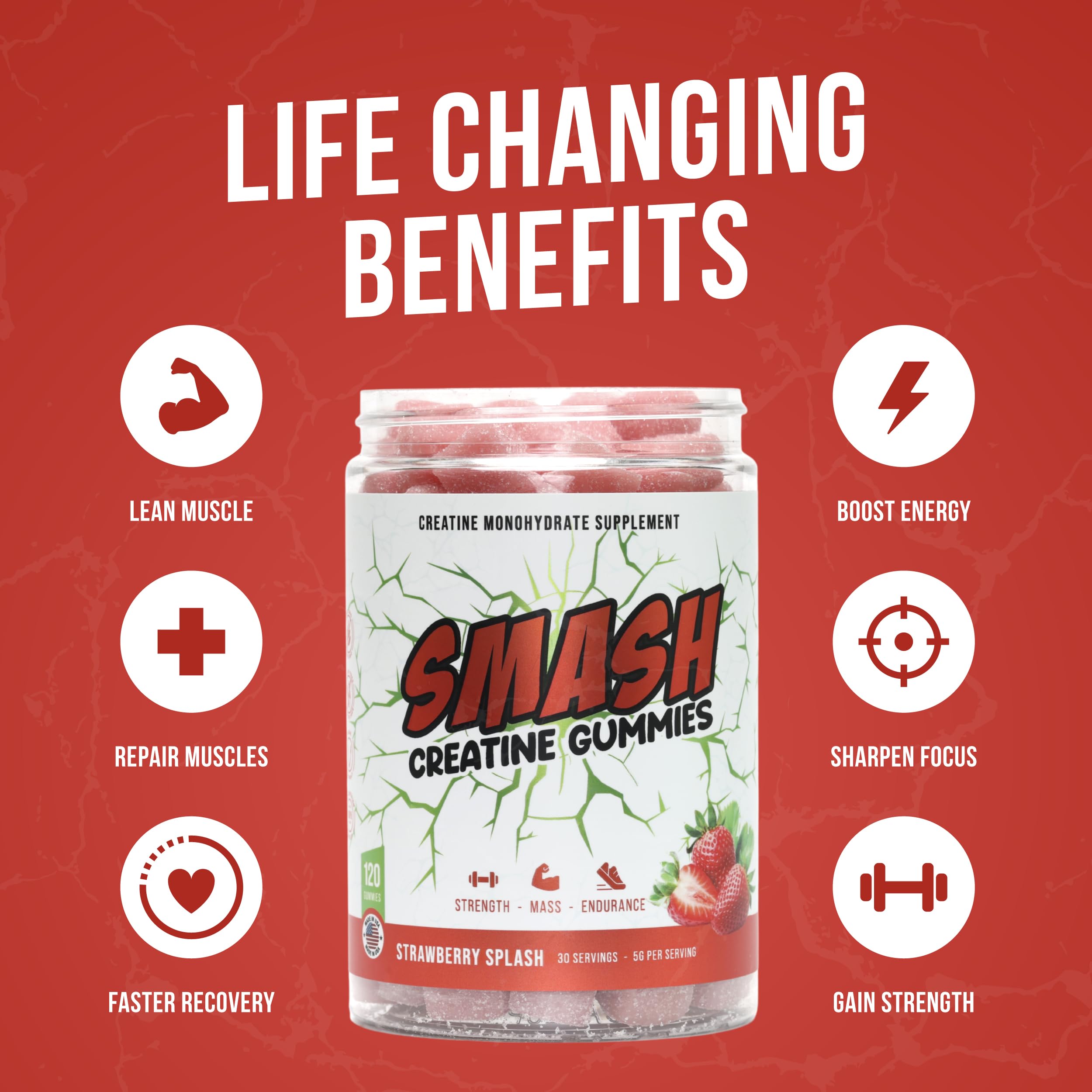 Creatine Monohydrate Gummies 5g Dose – Made in USA, Vegan & Gluten Free | Muscle, Strength, Recovery & Cognitive Health