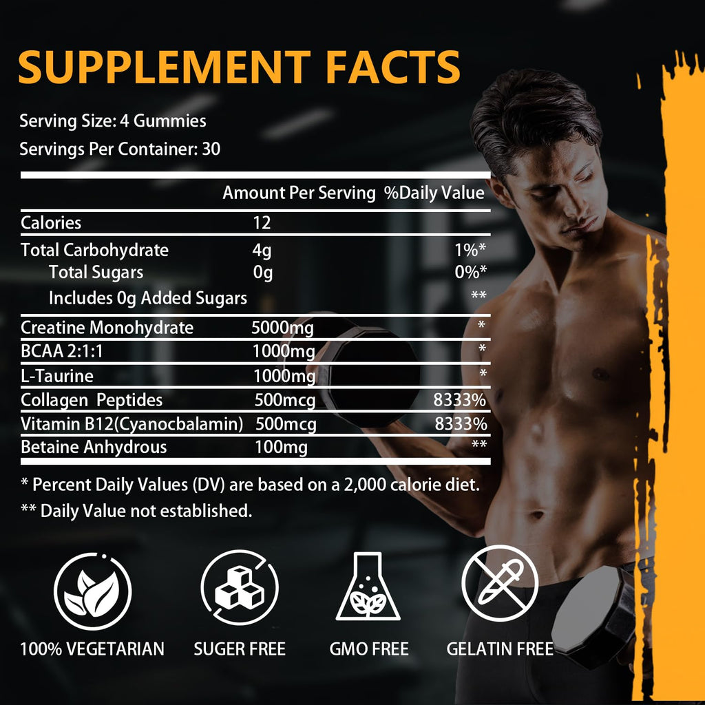 Creatine Monohydrate Gummies – Complex 8000 mg Pre-Workout | 120 Count | Vegan, Sugar-Free