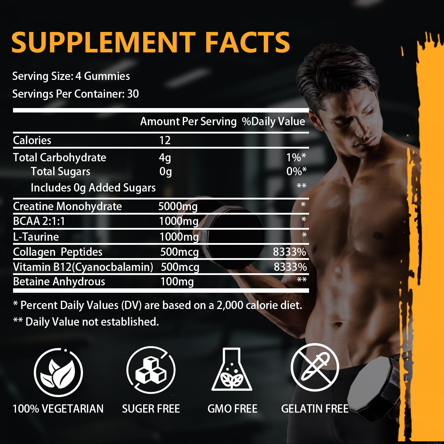 Creatine Monohydrate Gummies – Complex 8000 mg Pre-Workout | 120 Count | Vegan, Sugar-Free