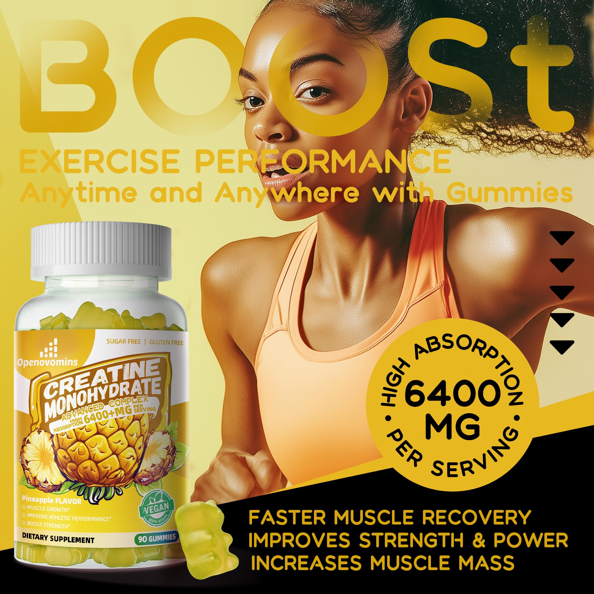 Creatine Monohydrate Gummies Complex – 6400mg per Serving, L-Taurine & Vitamin B12, Sugar Free Pineapple 90 Gummies
