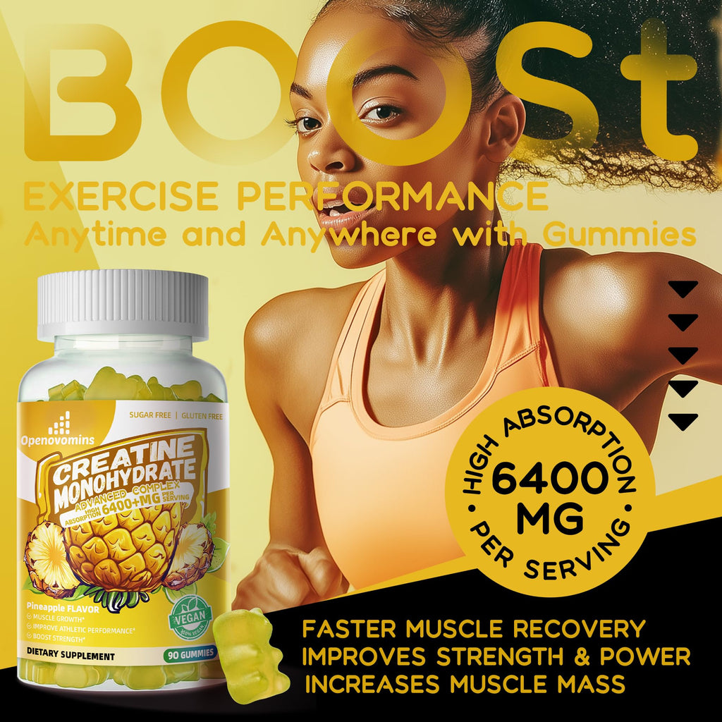 Creatine Monohydrate Gummies Complex – 6400mg per Serving, L-Taurine & Vitamin B12, Sugar Free Pineapple 90 Gummies