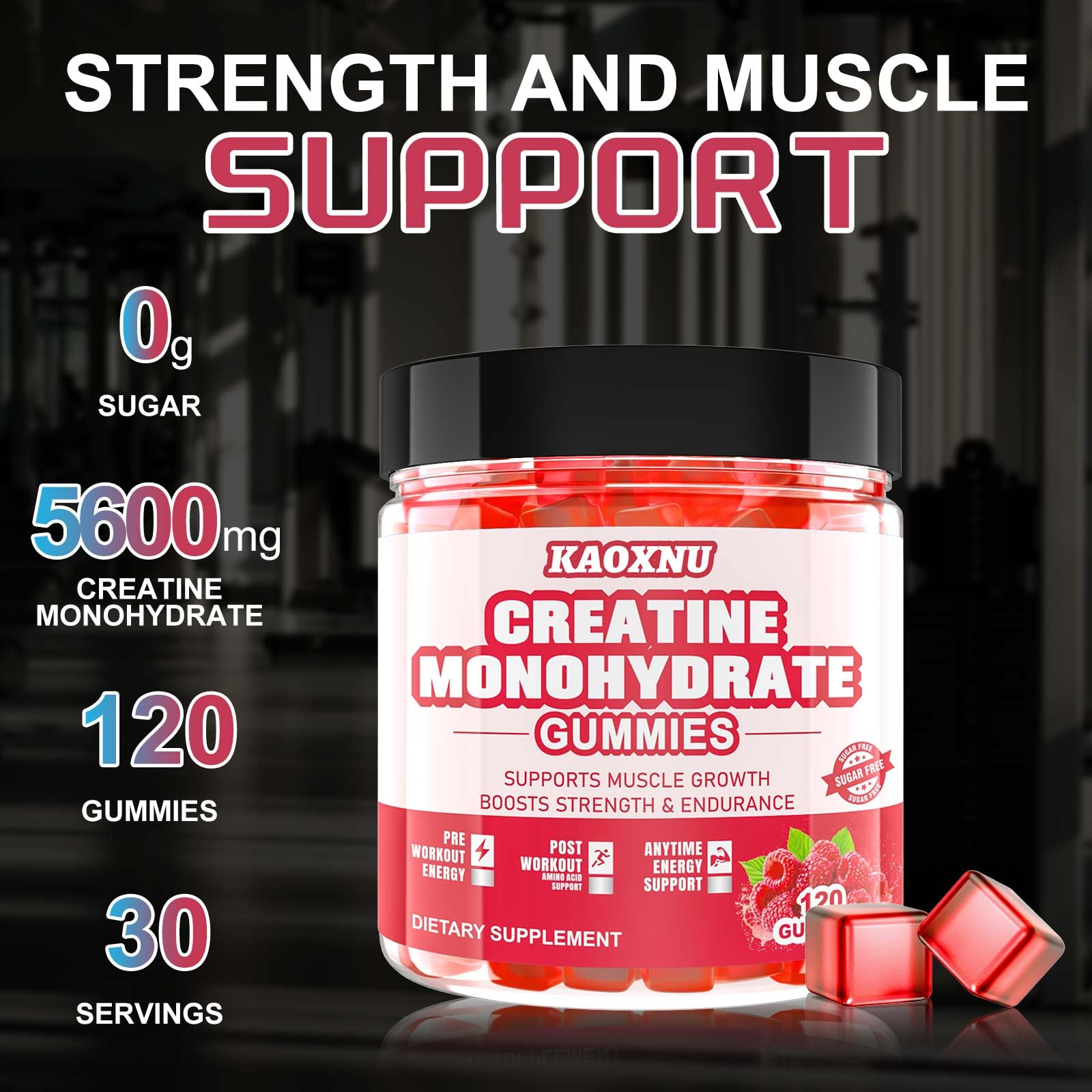 Creatine Monohydrate Gummies – 120 CT, 5000mg/Serving, Sugar Free Raspberry (Men & Women)