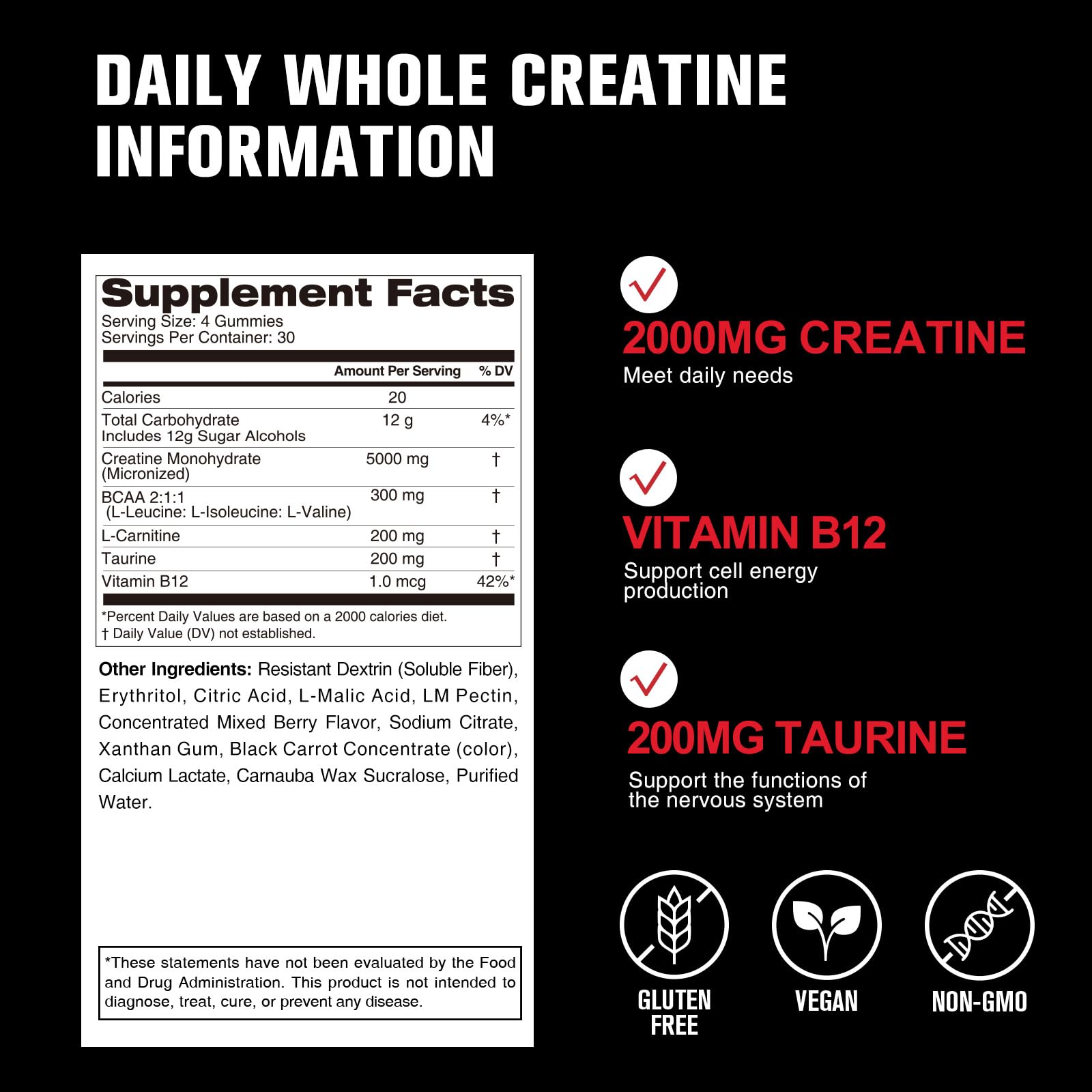 7-in-1 Creatine Monohydrate Gummies 5600mg – Mixed Berry, Sugar Free, Vegan