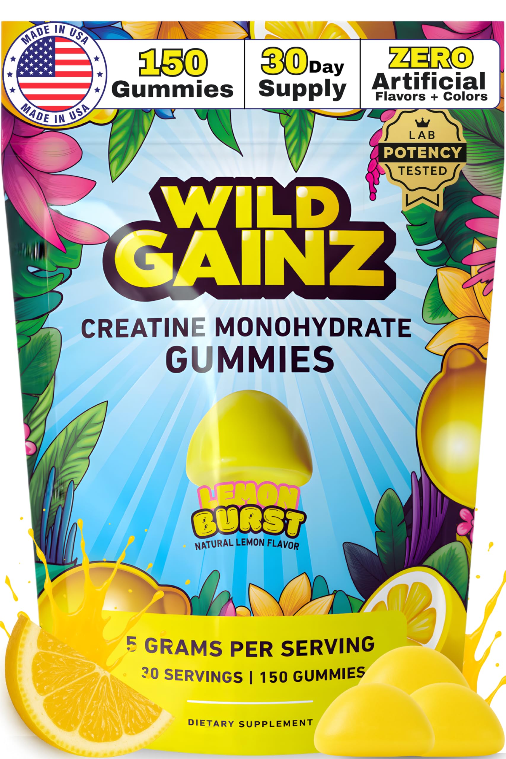 Creatine Monohydrate Gummies 5000mg – Made in USA, Vegan, Lemon | Muscle Growth & Focus
