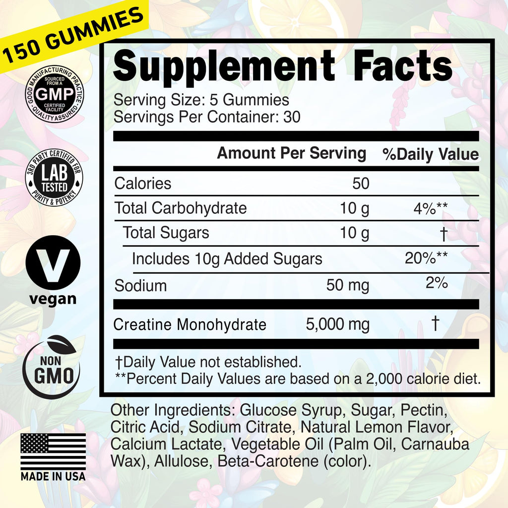 Creatine Monohydrate Gummies 5000mg – Made in USA, Vegan, Lemon | Muscle Growth & Focus