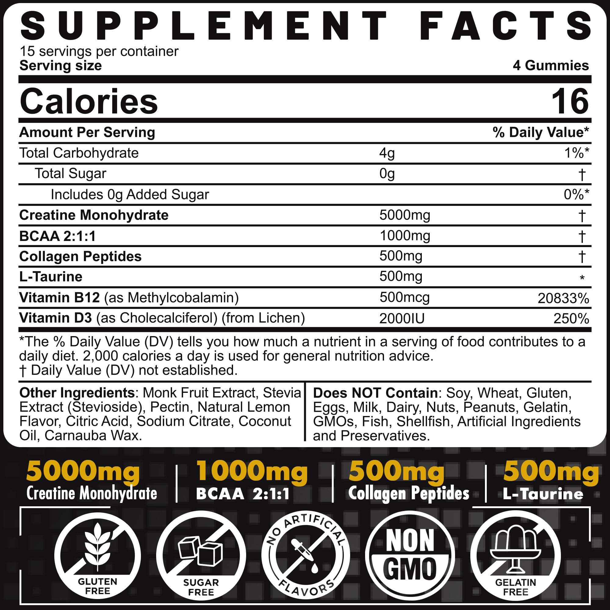 Creatine Monohydrate Gummies 5g per Serving - Sugar Free, Lemon Flavor | BCAA, Collagen, B12, D3 | 2 Pack
