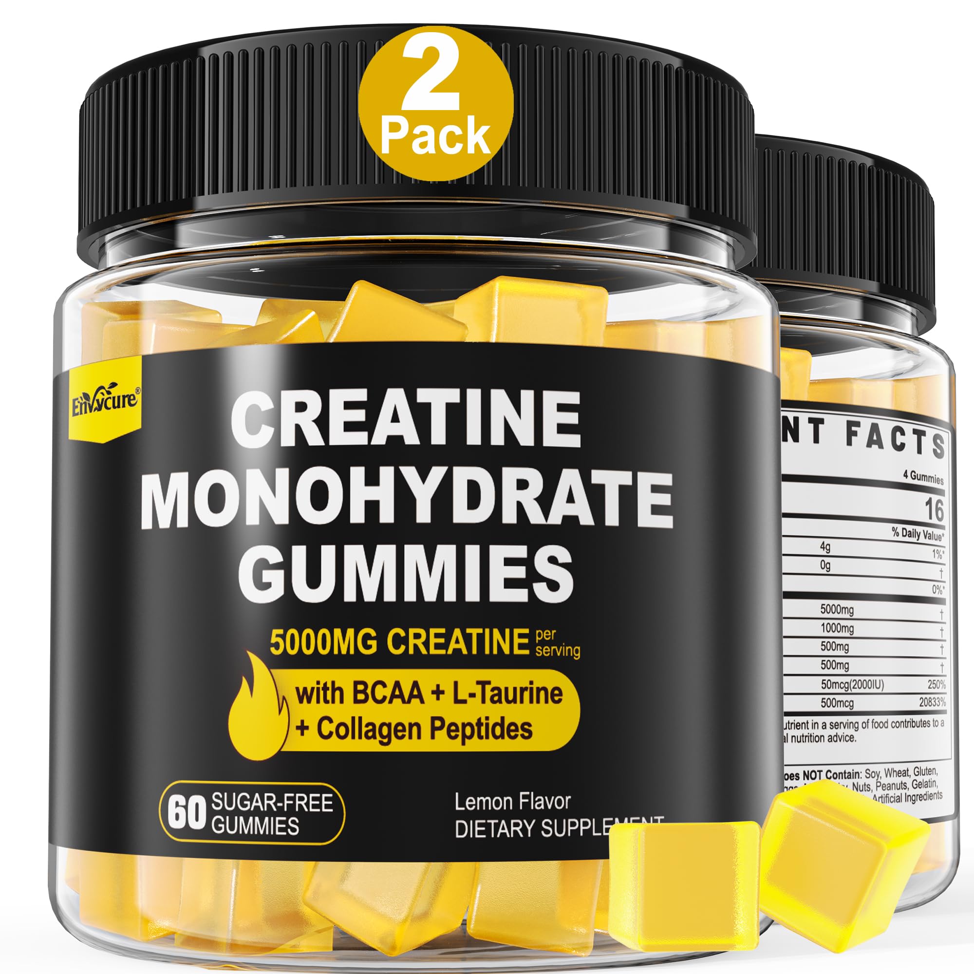 Creatine Monohydrate Gummies 5g per Serving - Sugar Free, Lemon Flavor | BCAA, Collagen, B12, D3 | 2 Pack