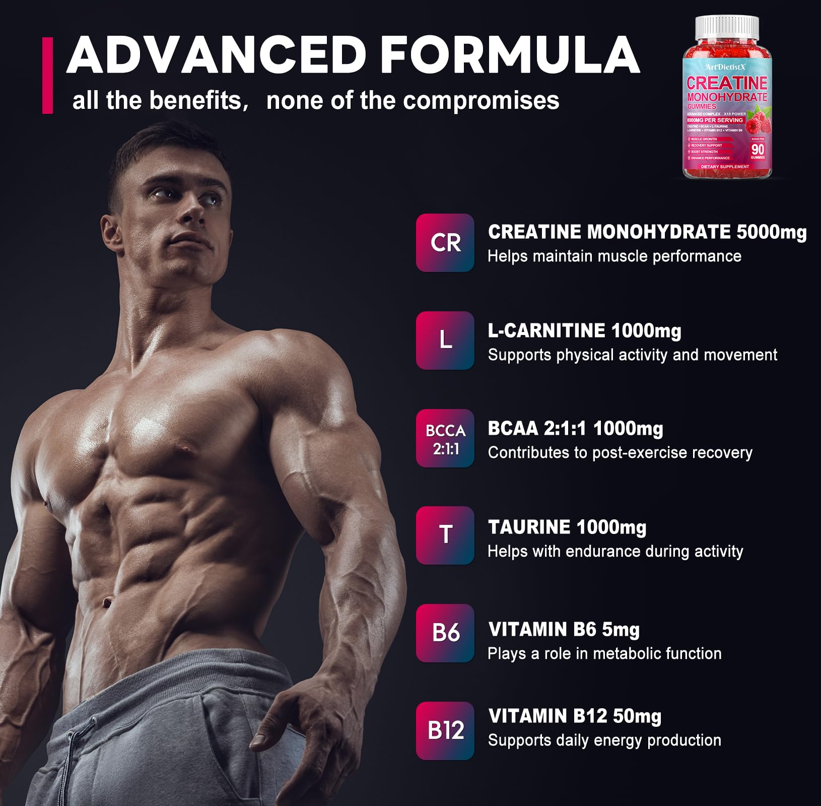 Creatine Monohydrate Gummies 8000mg with BCAA, L-Carnitine, Taurine & Vitamin B12 – Raspberry Flavor, 90 Count