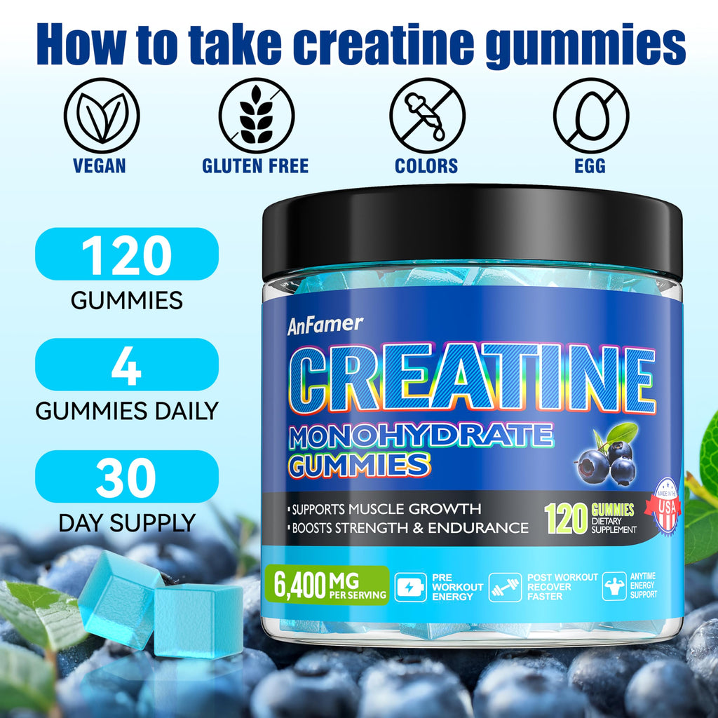Creatine Monohydrate Gummies for Men & Women – 120 Count | Sugar Free, Vegan, Blueberry