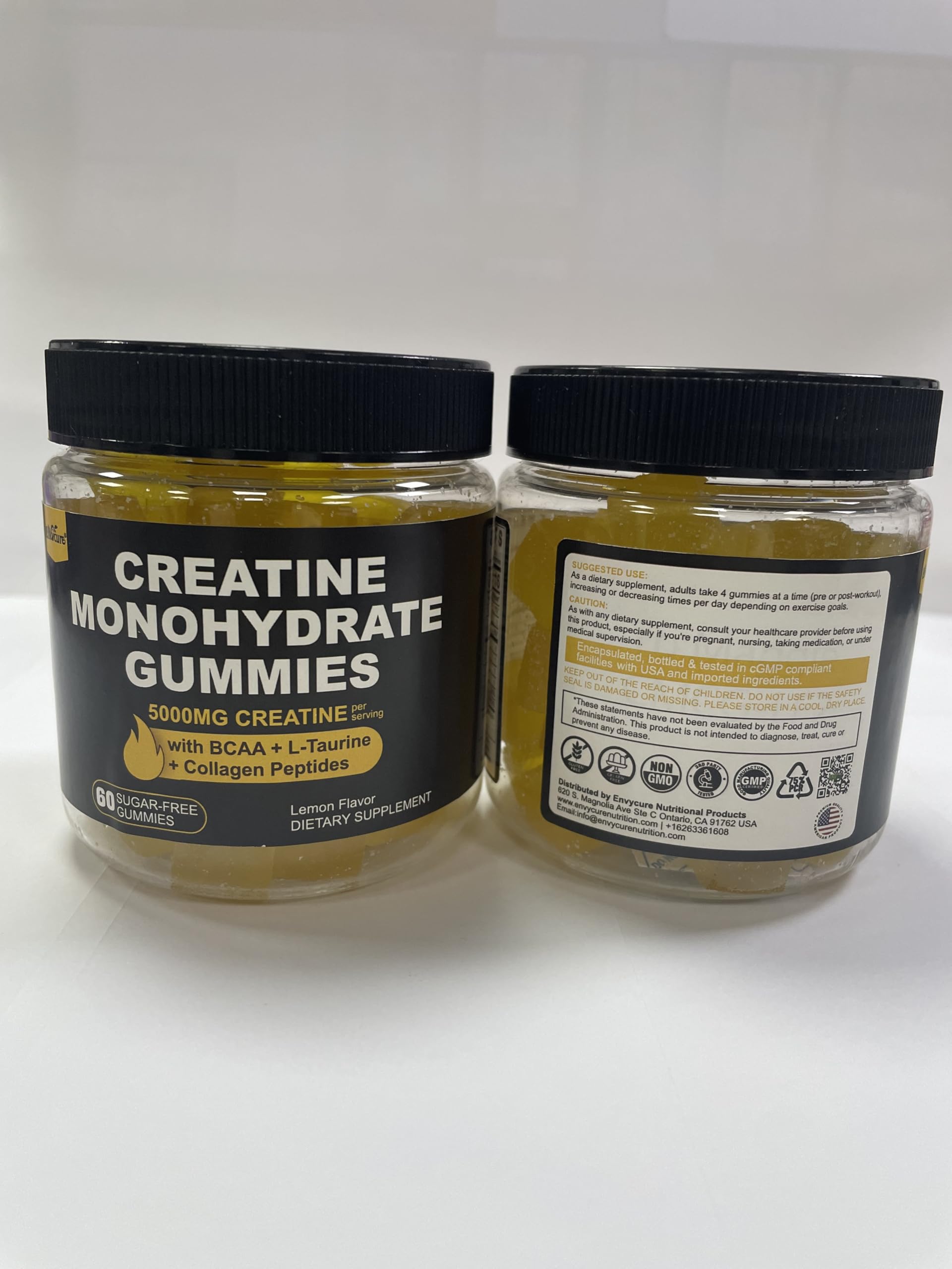 Creatine Monohydrate Gummies 5g per Serving - Sugar Free, Lemon Flavor | BCAA, Collagen, B12, D3 | 2 Pack