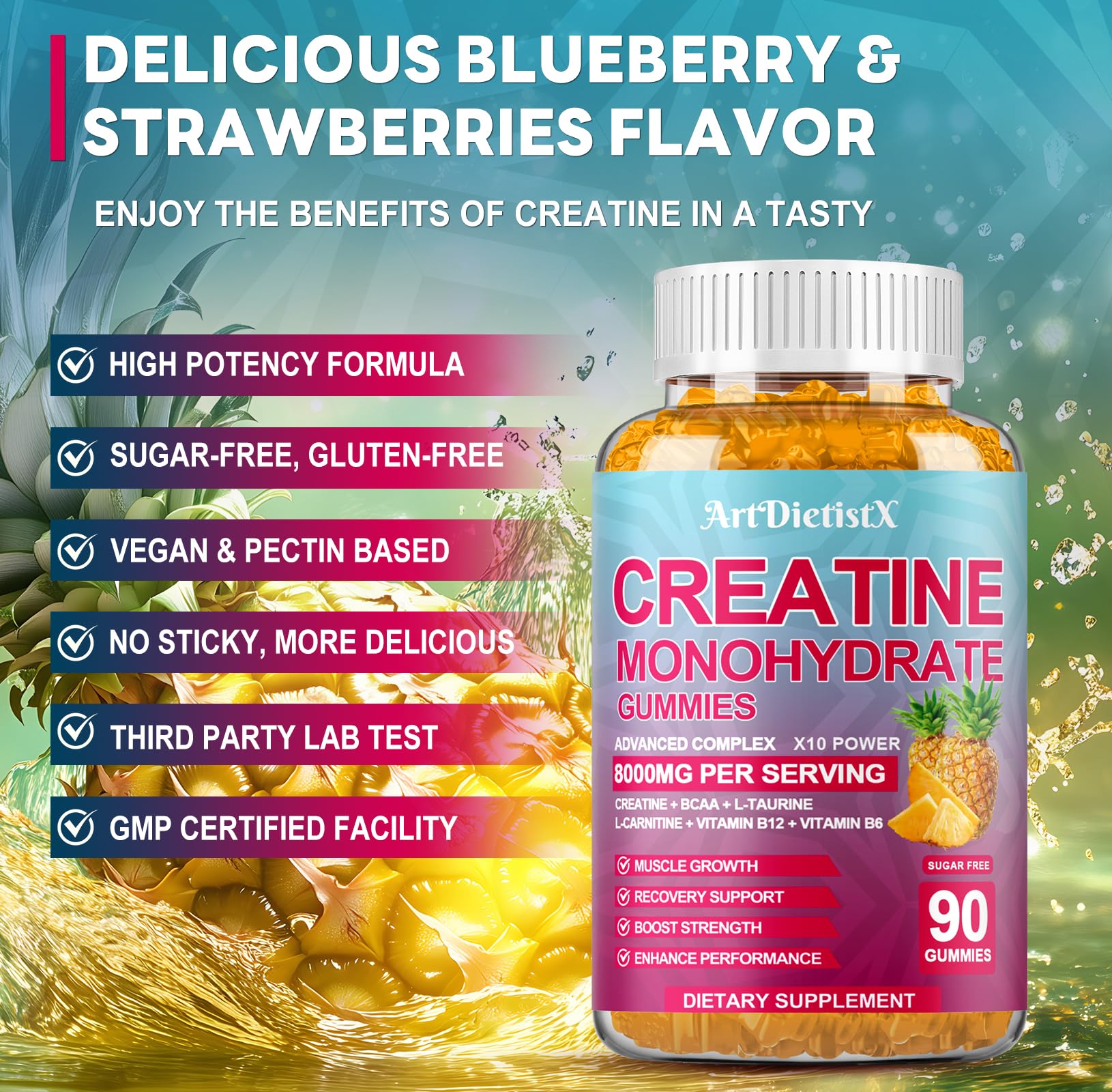 Creatine Monohydrate Gummies with BCAA & L-Carnitine – Pineapple Flavor, 180 Count
