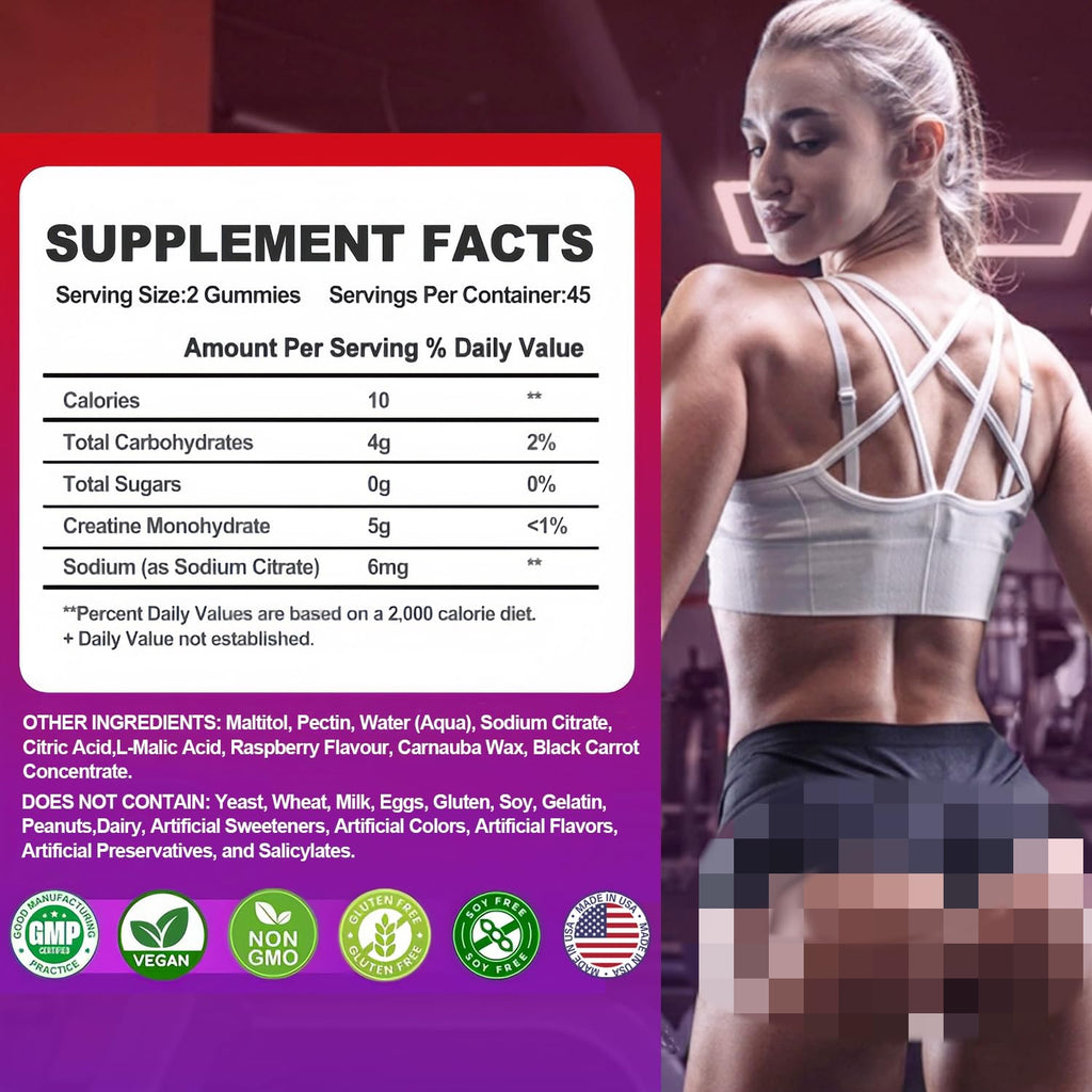Creatine Monohydrate Gummies - 5g per 2 Gummies, 180 Count, Raspberry