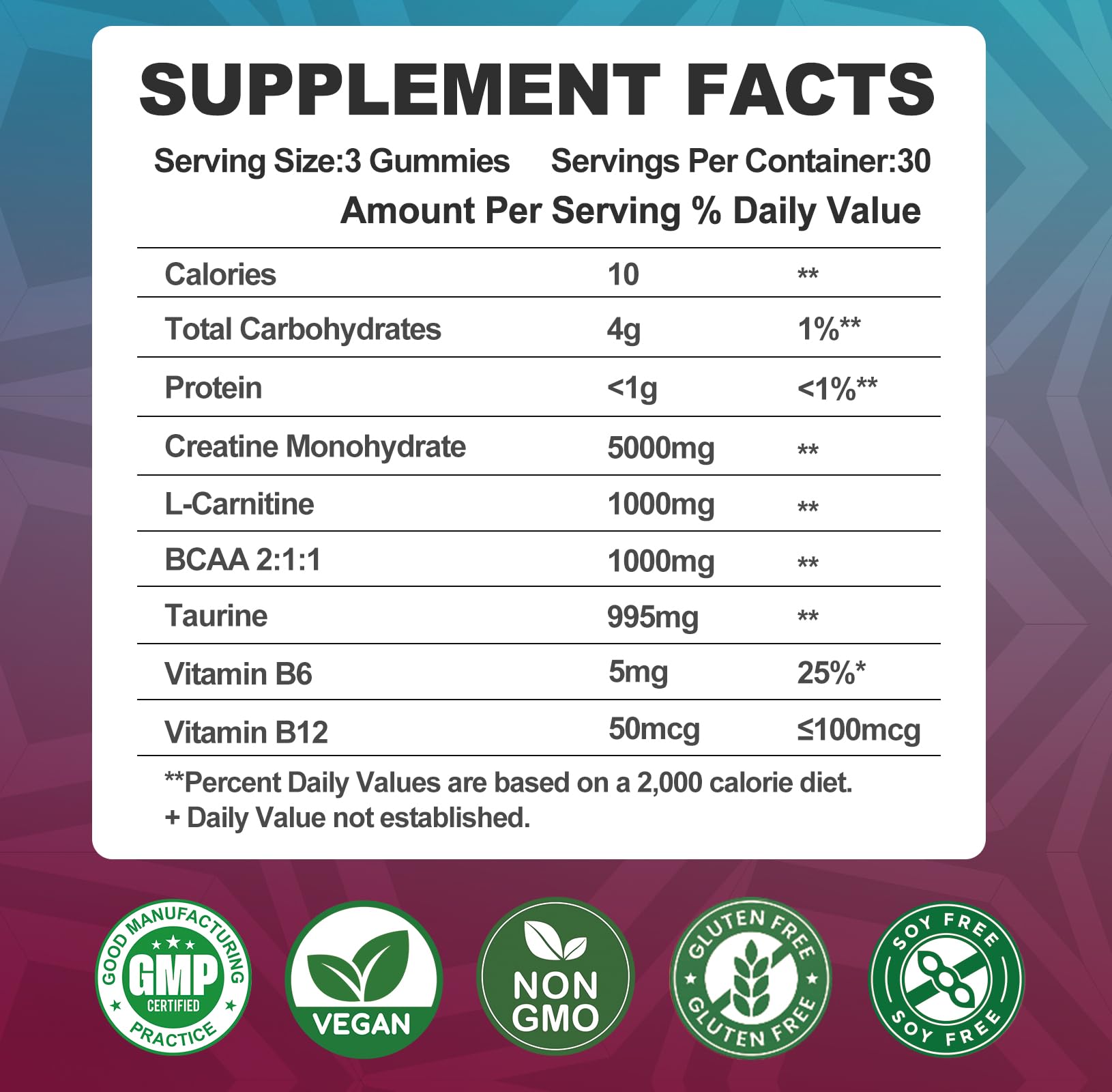 Creatine Monohydrate Gummies 8000mg – BCAA, L-Carnitine & B12 – Raspberry Pre-Workout (180 Count)