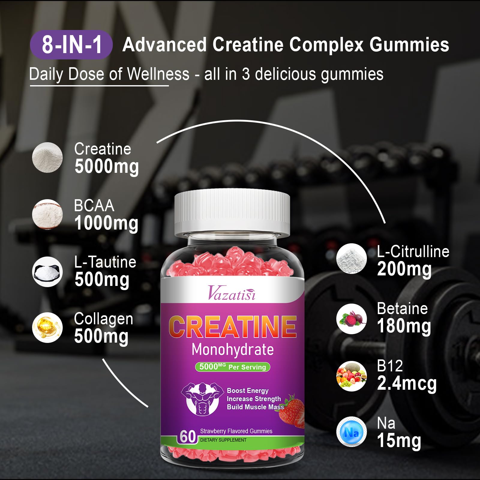 Creatine Monohydrate Gummies – Sugar Free Vegan, Strawberry, 60 Count