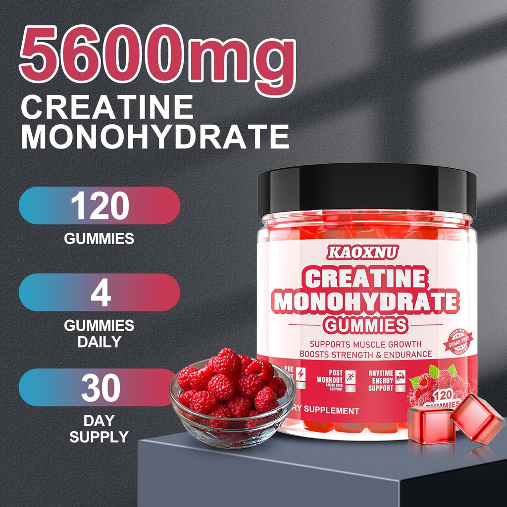 Creatine Monohydrate Gummies – 120 CT, 5000mg/Serving, Sugar Free Raspberry (Men & Women)
