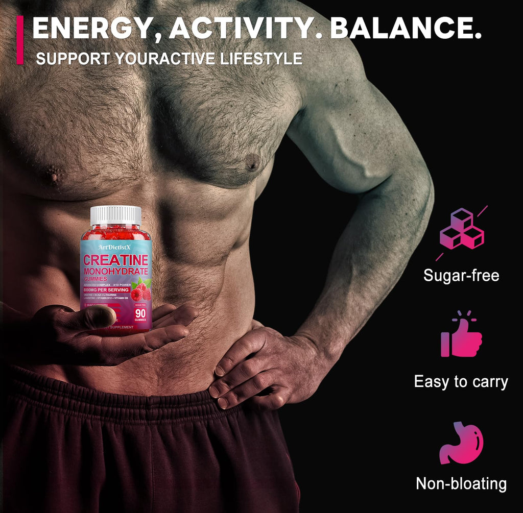 Creatine Monohydrate Gummies 8000mg with BCAA, L-Carnitine, Taurine & Vitamin B12 – Raspberry Flavor, 90 Count