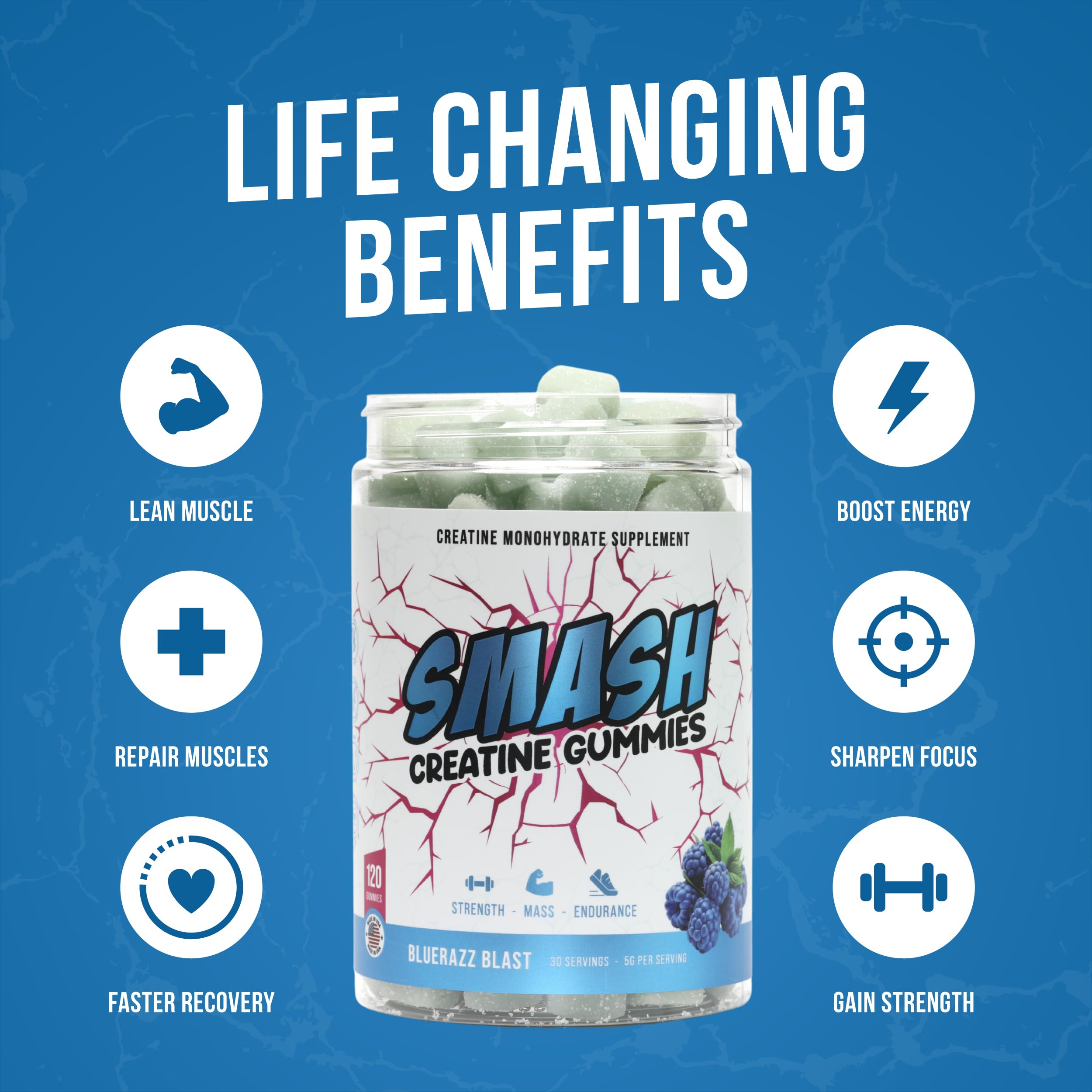 Creatine Monohydrate Gummies 5g Dose – Made in USA, Vegan, Gluten Free | Bluerazz Blast 120 Gummies