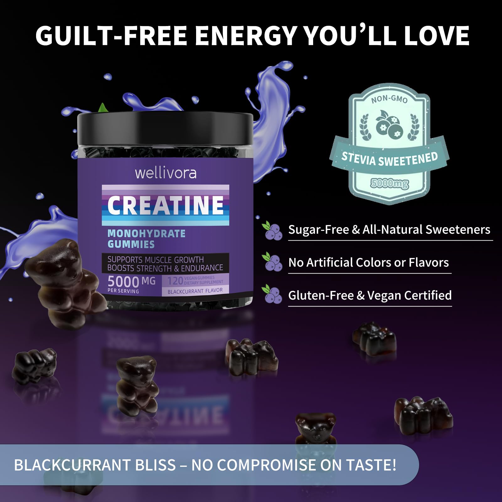Creatine Monohydrate Gummy – 5000mg/Serving, 120 Gummies, Blackcurrant