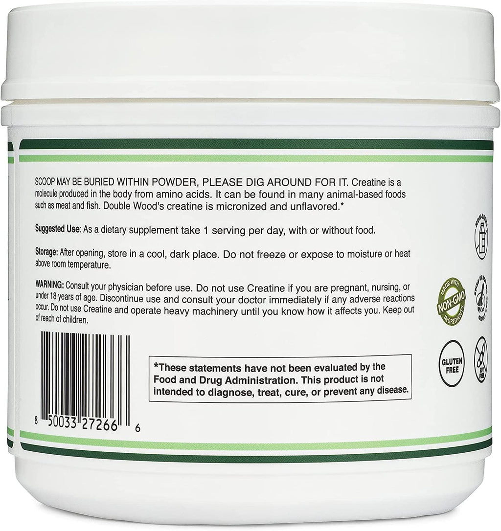 Creatine Monohydrate Powder 1.1lbs (100 Servings) – No Fillers, Vegan, Non-GMO, Gluten Free | Double Wood