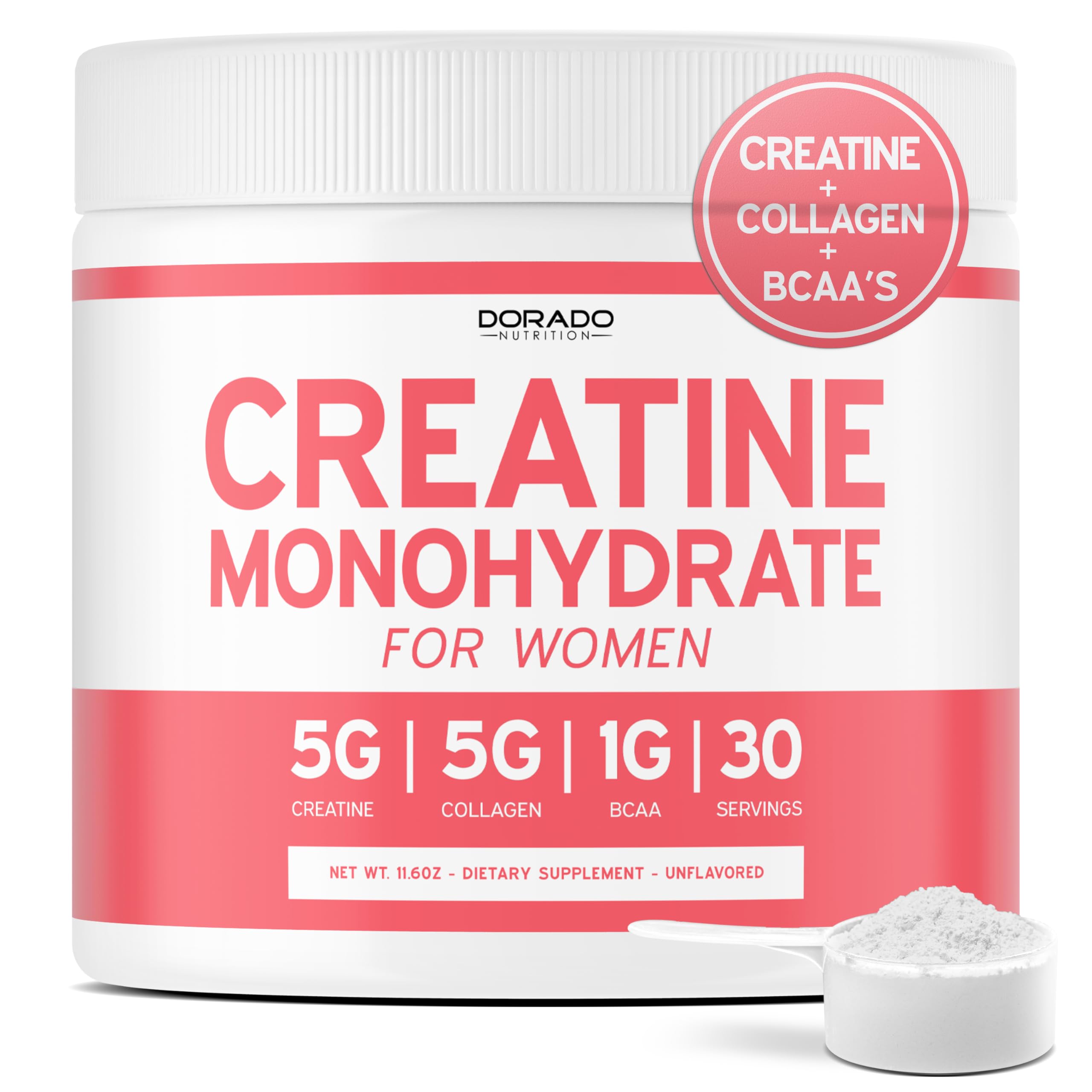 Creatine for Women | Creatine Monohydrate Powder with Collagen & BCAA – 30 Servings | Non-GMO, Gluten Free, USA Made