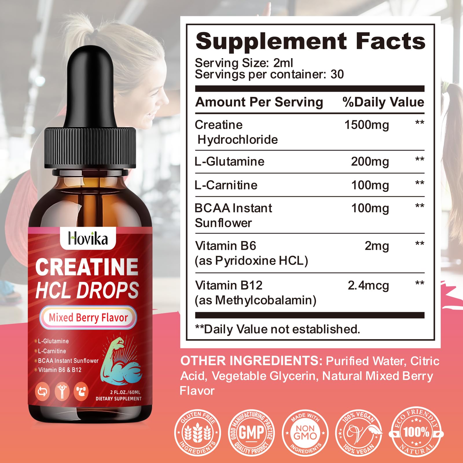 Creatine HCL Liquid Drops for Muscle Growth & Recovery – Vegan, Mixed Berry, 2 fl oz