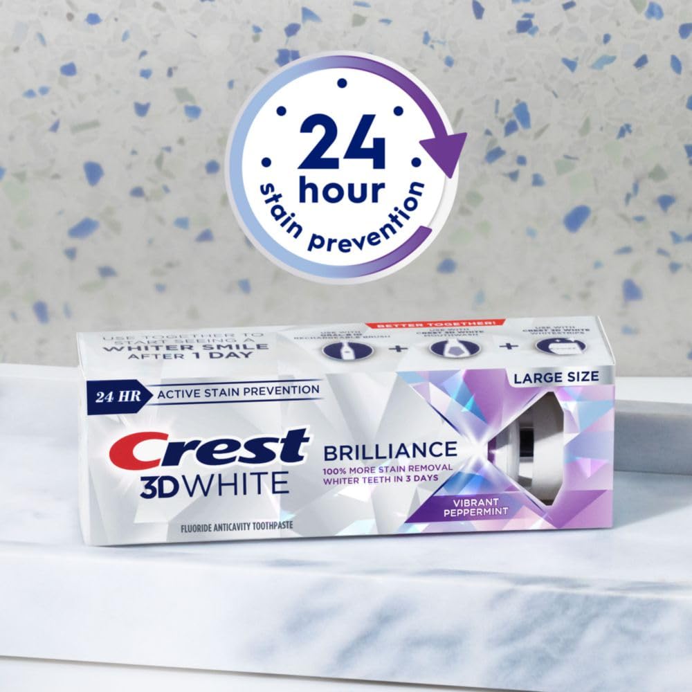 Crest 3D White Brilliance Vibrant Peppermint Toothpaste – 4.6 oz (Pack of 3) | Stain Removal & 24h Protection