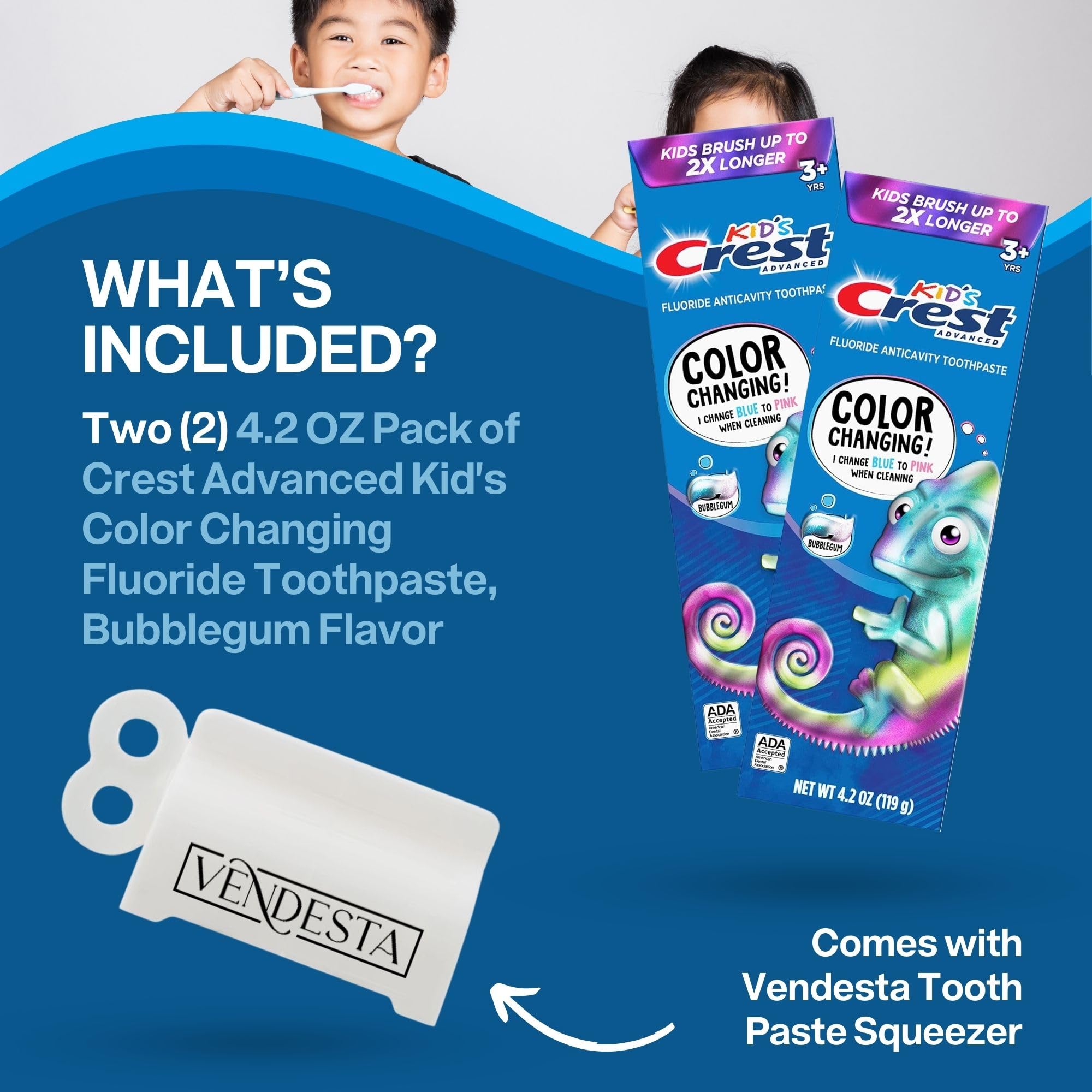 Crest Kids Color Changing Toothpaste Bundle — 2-Pack Bubblegum + VenDesta Squeezer
