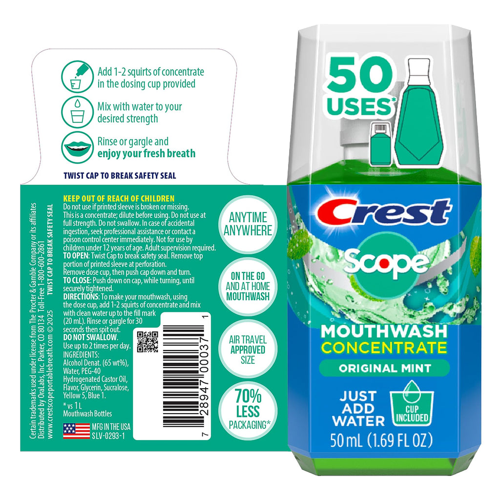 Crest Scope Mouthwash Concentrate - Travel Size 50 ml, Original Mint, 2 Pack